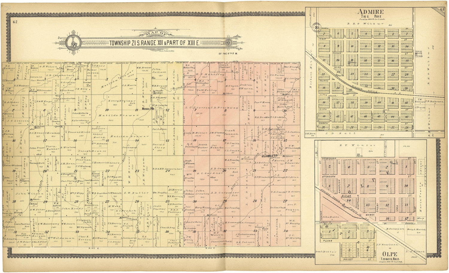 Map of Township 21 S. Range XII &amp; Part of XIII E. from Standard Atlas of Lyon County, Kansas : Including a Plat Book of the Villages, Cities and Townships of the County, Map of the State, United States and World : Patrons Directory, Reference … 1901 by Relic Map Company