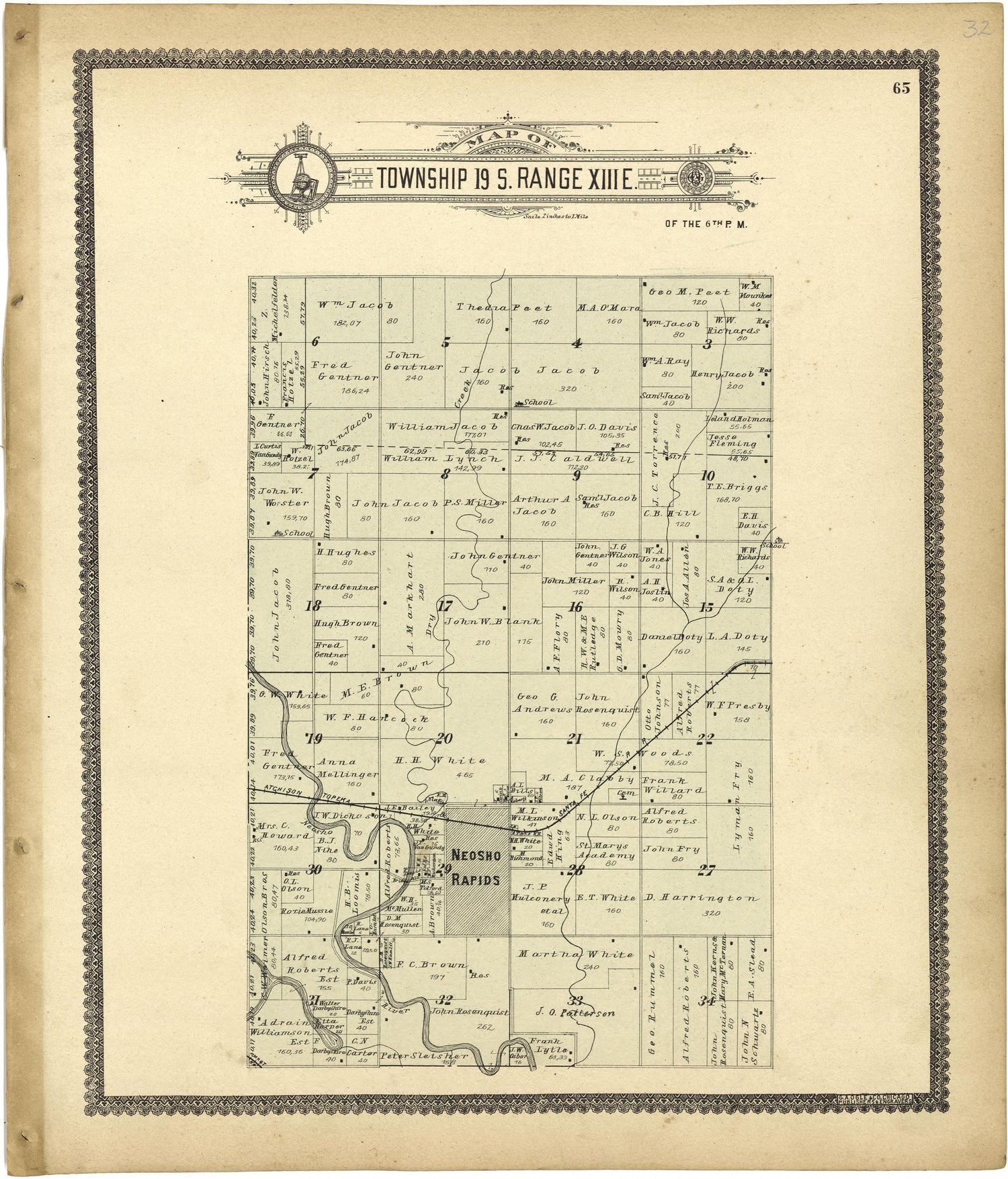 Map of Township 19 S. Range XIII E. from Standard Atlas of Lyon County, Kansas : Including a Plat Book of the Villages, Cities and Townships of the County, Map of the State, United States and World : Patrons Directory, Reference … 1901 by Relic Map Company