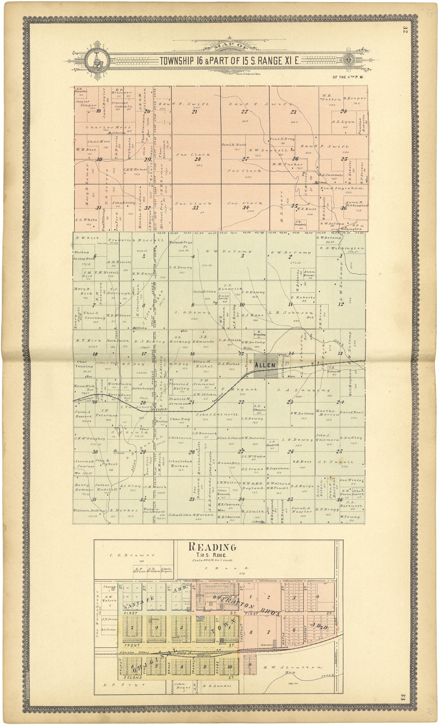 Map of Township 16 &amp; Part of 15 S. Range XI E. from Standard Atlas of Lyon County, Kansas : Including a Plat Book of the Villages, Cities and Townships of the County, Map of the State, United States and World : Patrons Directory, Reference … 1901 by Relic Map Company