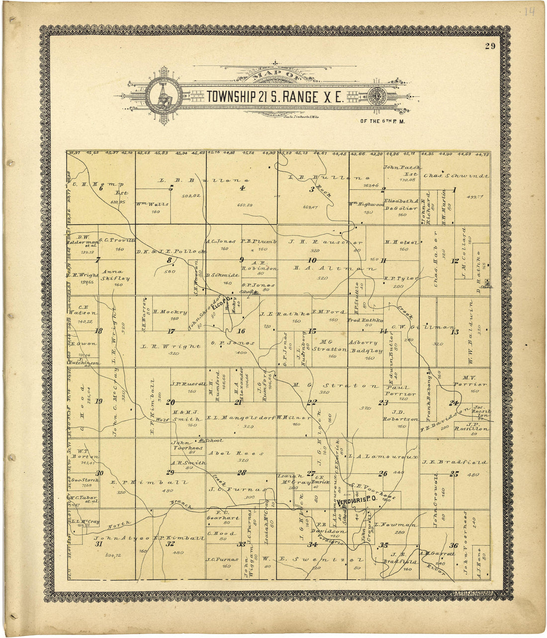 Map of Township 21 S. Range X E. from Standard Atlas of Lyon County, Kansas : Including a Plat Book of the Villages, Cities and Townships of the County, Map of the State, United States and World : Patrons Directory, Reference … 1901 by Relic Map Company
