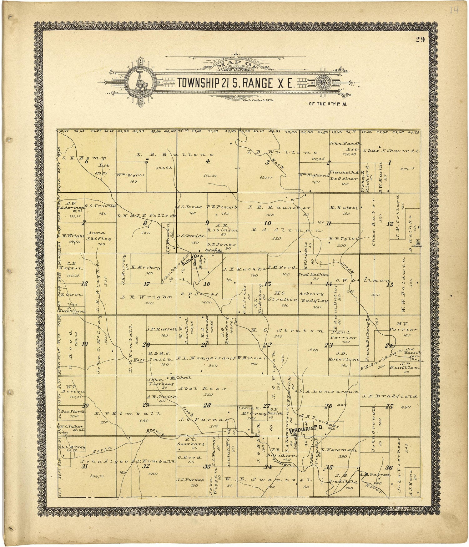 Map of Township 21 S. Range X E. from Standard Atlas of Lyon County, Kansas : Including a Plat Book of the Villages, Cities and Townships of the County, Map of the State, United States and World : Patrons Directory, Reference … 1901 by Relic Map Company