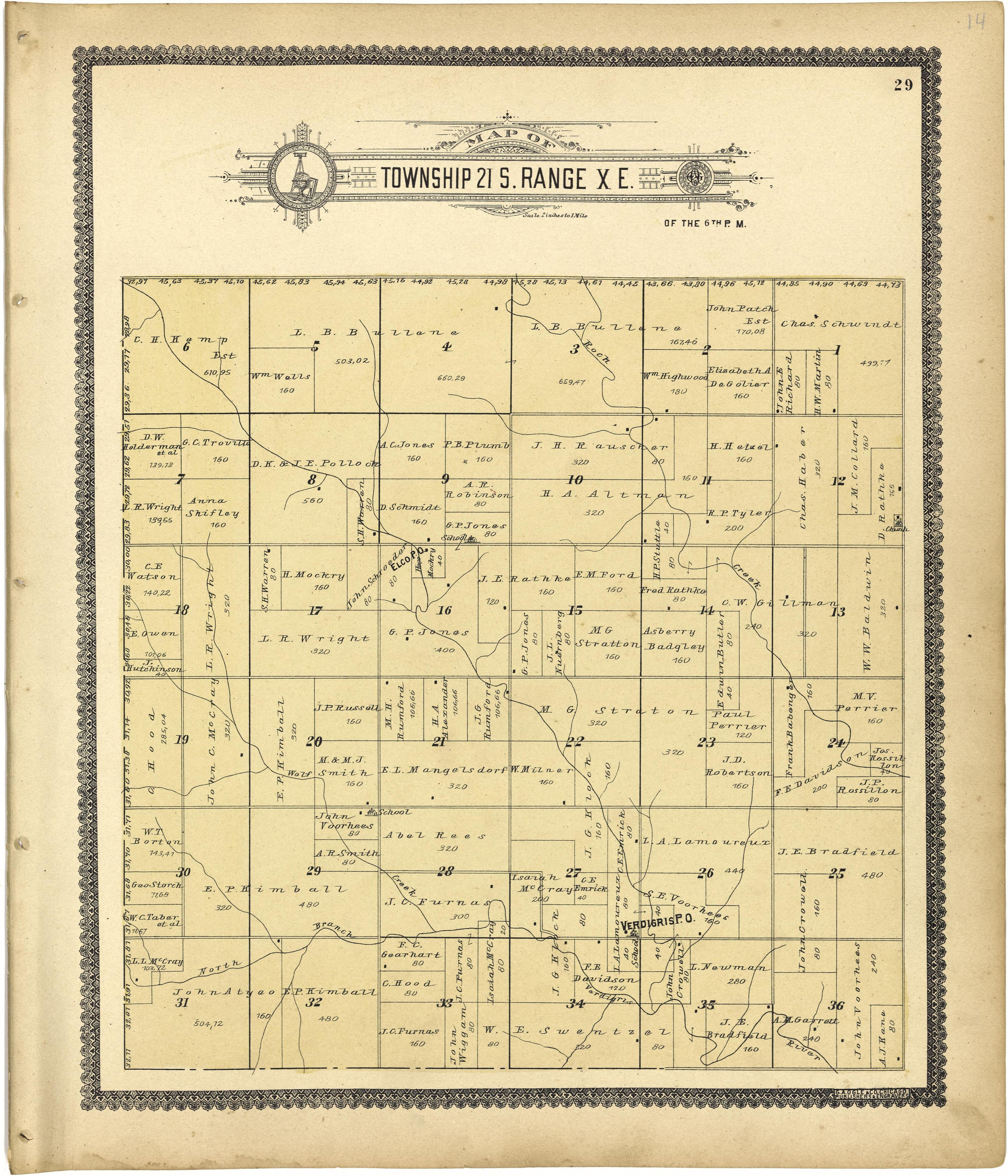 Map of Township 21 S. Range X E. from Standard Atlas of Lyon County, Kansas : Including a Plat Book of the Villages, Cities and Townships of the County, Map of the State, United States and World : Patrons Directory, Reference … 1901 by Relic Map Company