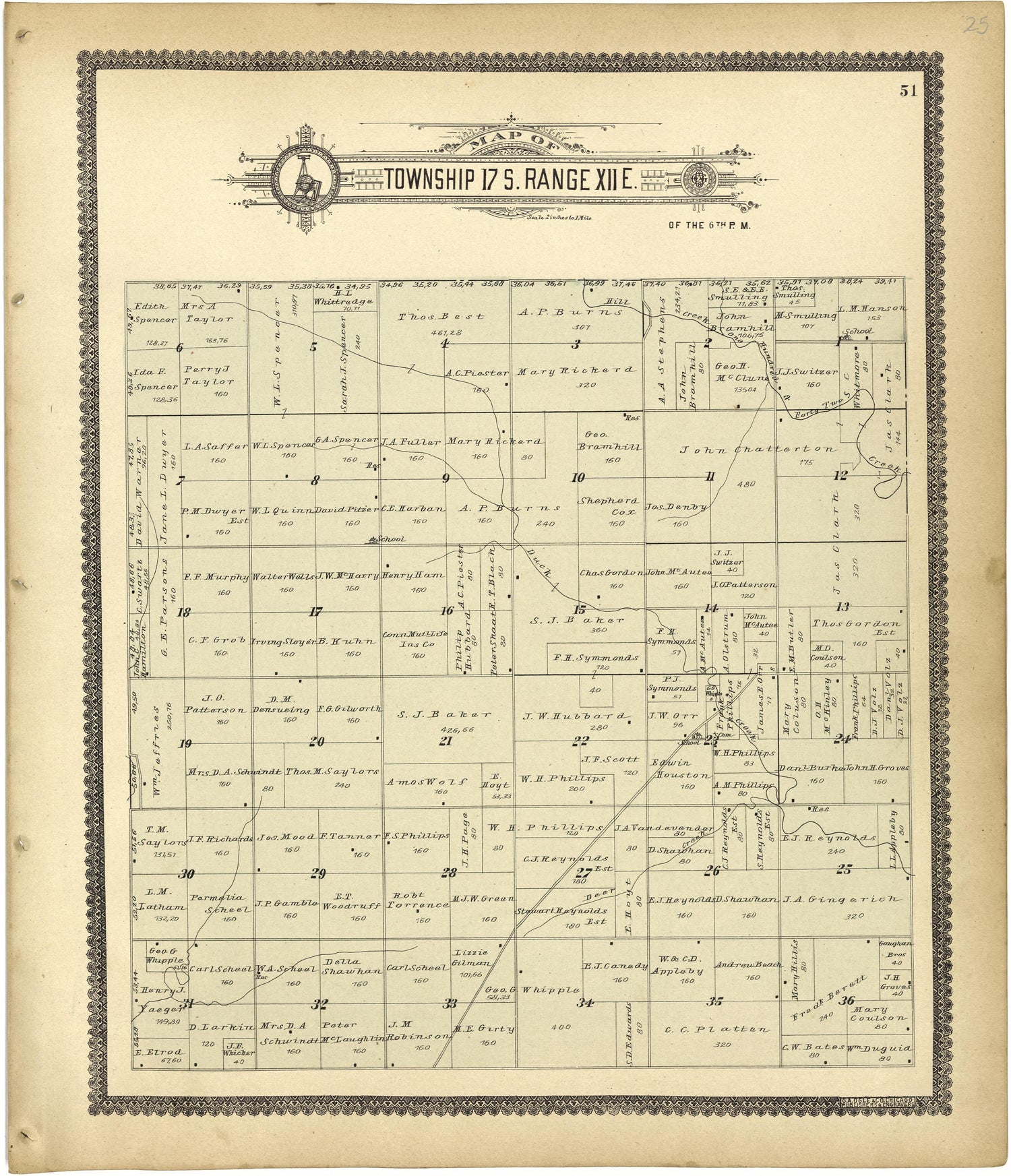 Map of Township 17 S. Range XII E. from Standard Atlas of Lyon County, Kansas : Including a Plat Book of the Villages, Cities and Townships of the County, Map of the State, United States and World : Patrons Directory, Reference … 1901 by Relic Map Company