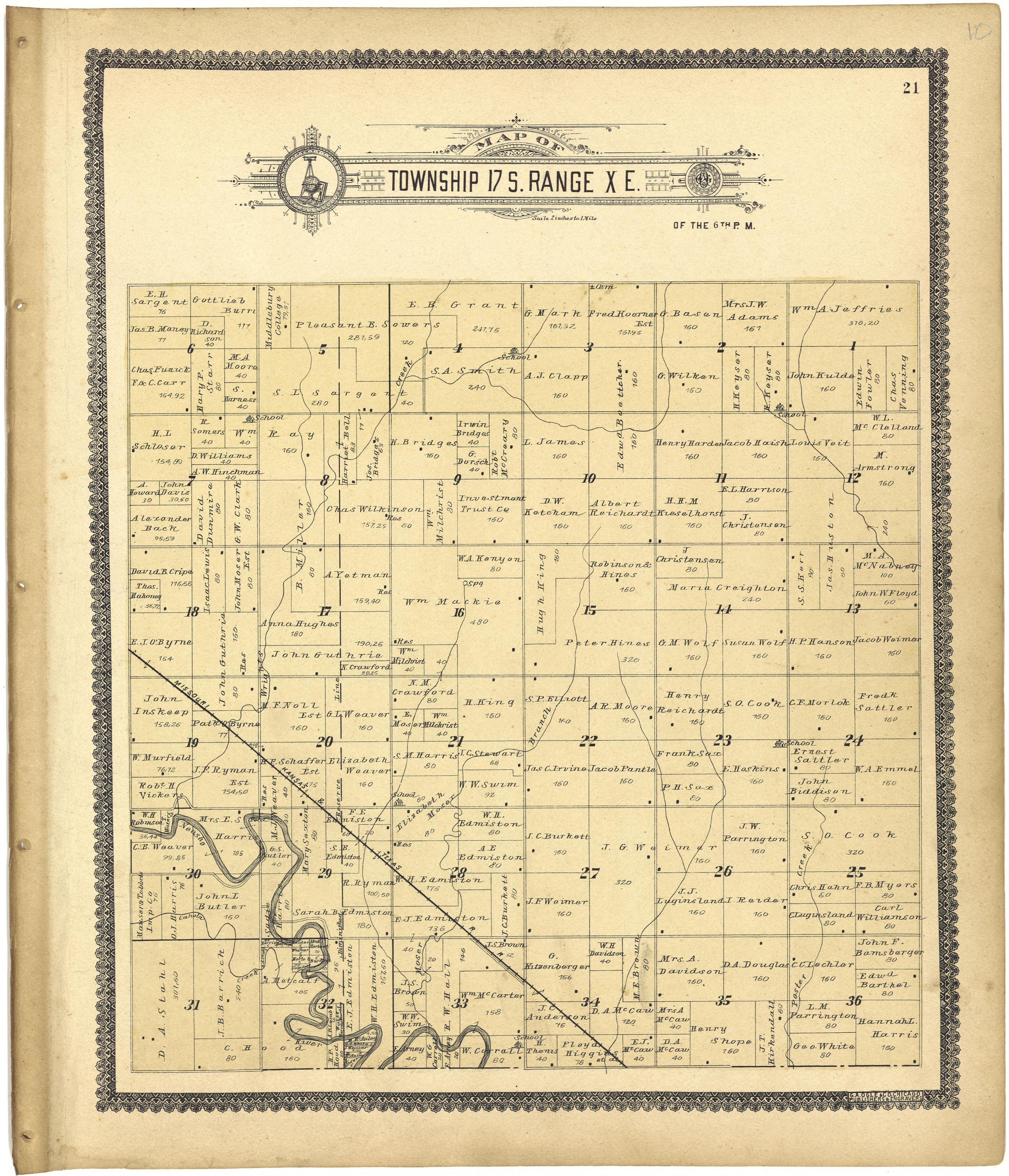 Map of Township 17 S. Range X E. from Standard Atlas of Lyon County, Kansas : Including a Plat Book of the Villages, Cities and Townships of the County, Map of the State, United States and World : Patrons Directory, Reference … 1901 by Relic Map Company
