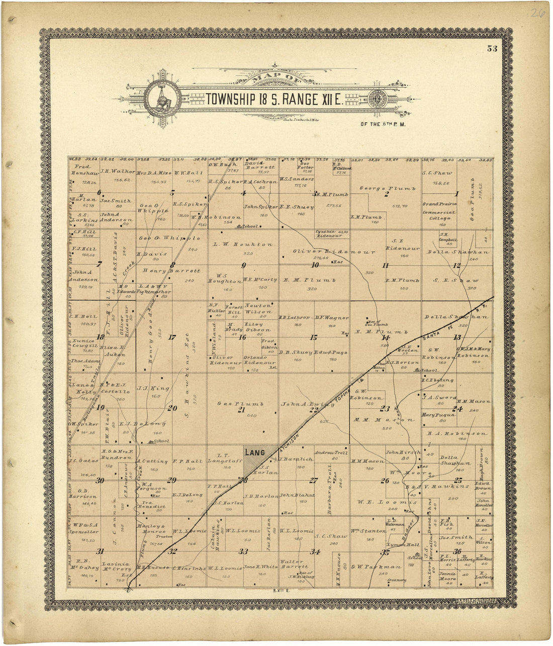Map of Township 18 S. Range XII E. from Standard Atlas of Lyon County, Kansas : Including a Plat Book of the Villages, Cities and Townships of the County, Map of the State, United States and World : Patrons Directory, Reference … 1901 by Relic Map Company