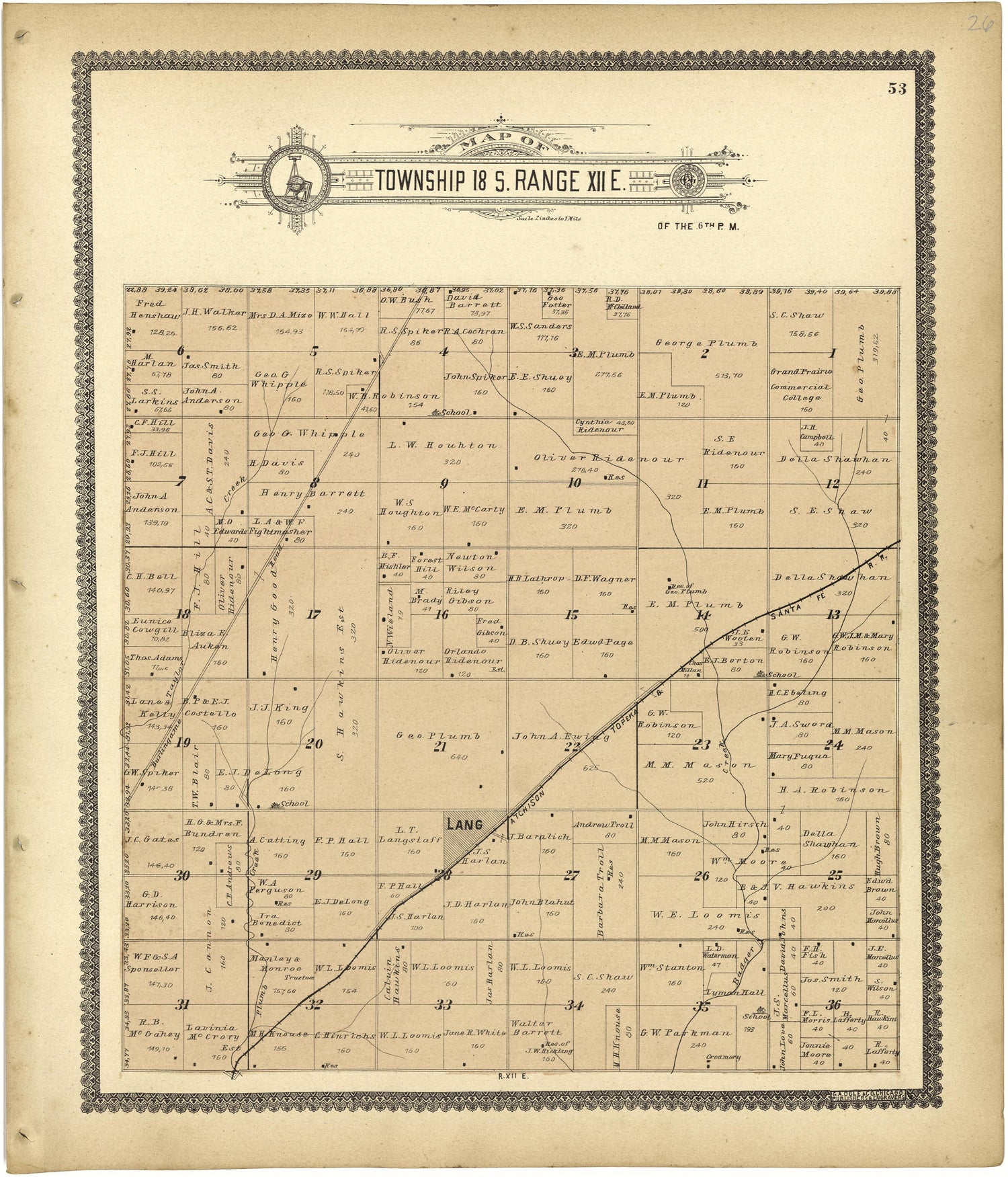 Map of Township 18 S. Range XII E. from Standard Atlas of Lyon County, Kansas : Including a Plat Book of the Villages, Cities and Townships of the County, Map of the State, United States and World : Patrons Directory, Reference … 1901 by Relic Map Company