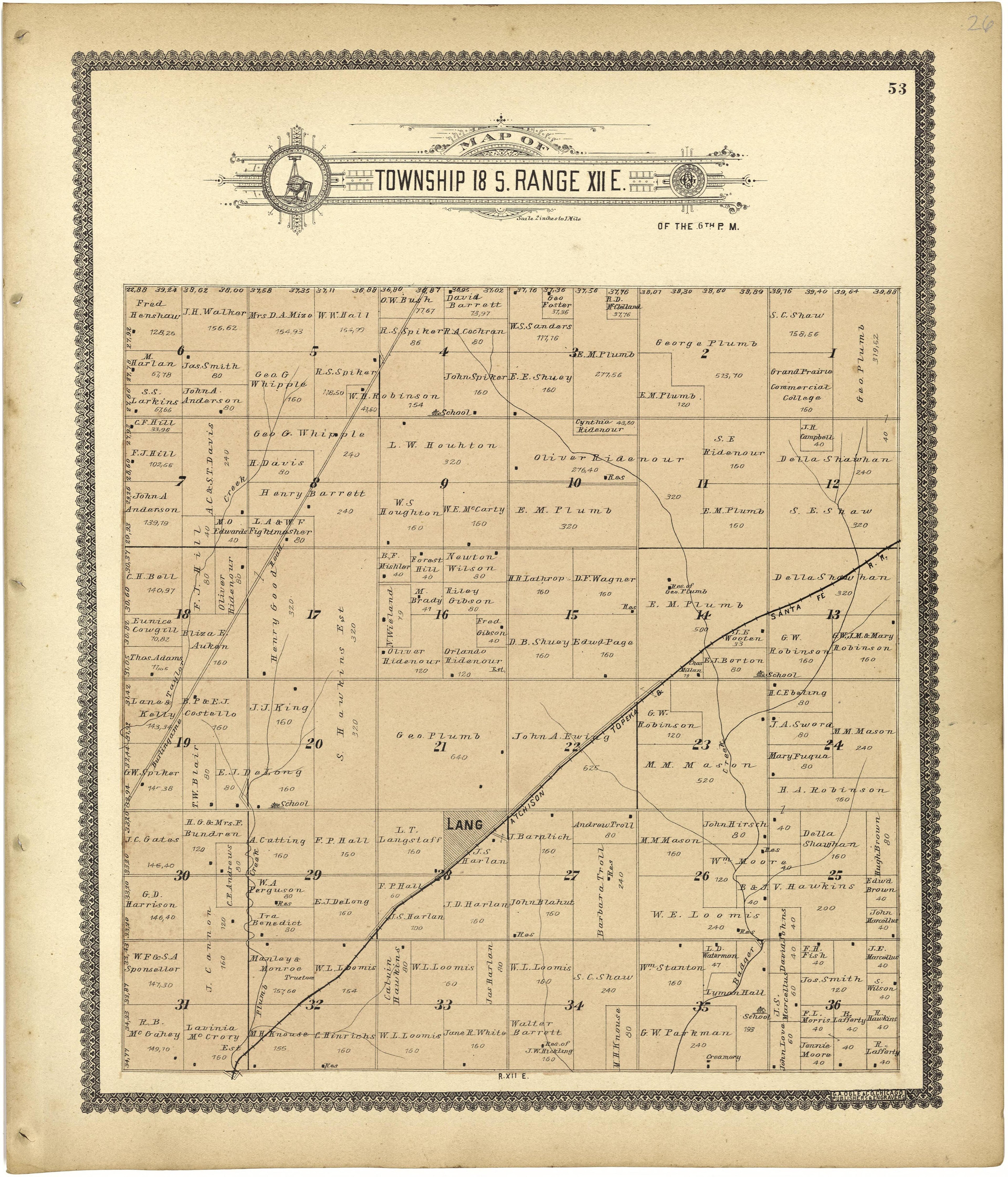 Map of Township 18 S. Range XII E. from Standard Atlas of Lyon County, Kansas : Including a Plat Book of the Villages, Cities and Townships of the County, Map of the State, United States and World : Patrons Directory, Reference … 1901 by Relic Map Company