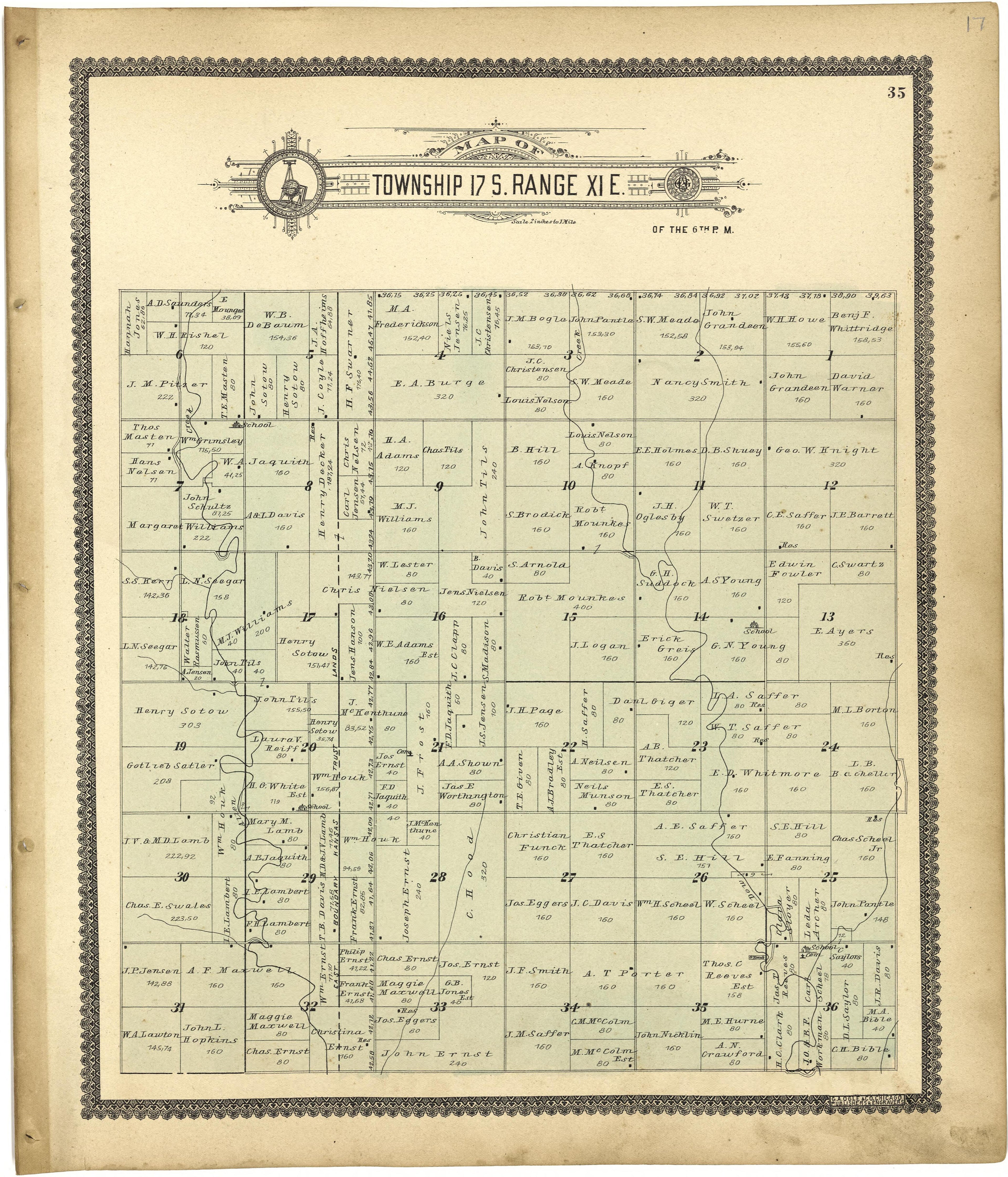 Map of Township 17 S. Range XI E. from Standard Atlas of Lyon County, Kansas : Including a Plat Book of the Villages, Cities and Townships of the County, Map of the State, United States and World : Patrons Directory, Reference … 1901 by Relic Map Company