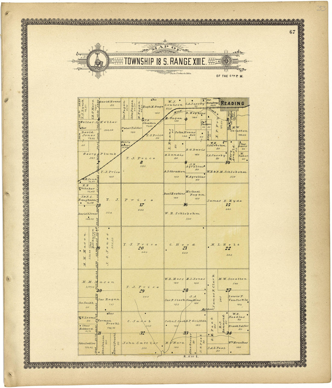Map of Township 18 S. Range XIII E. from Standard Atlas of Lyon County, Kansas : Including a Plat Book of the Villages, Cities and Townships of the County, Map of the State, United States and World : Patrons Directory, Reference … 1901 by Relic Map Company