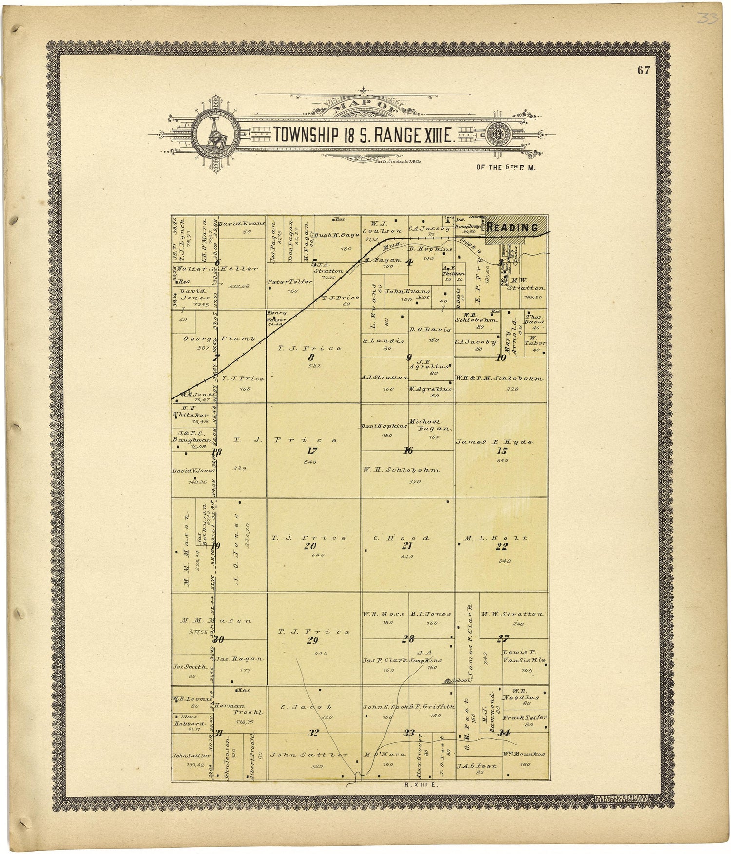 Map of Township 18 S. Range XIII E. from Standard Atlas of Lyon County, Kansas : Including a Plat Book of the Villages, Cities and Townships of the County, Map of the State, United States and World : Patrons Directory, Reference … 1901 by Relic Map Company