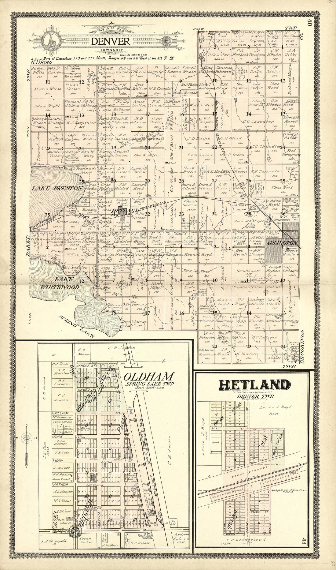 Map of Denver; Oldham; Hetland from Standard Atlas of Kingsbury County, South Dakota : Including a Plat Book of the Villages, Cities and Townships of the County, Map of the State, United States and World : Patrons Directory, … 1909 by Relic Map Company