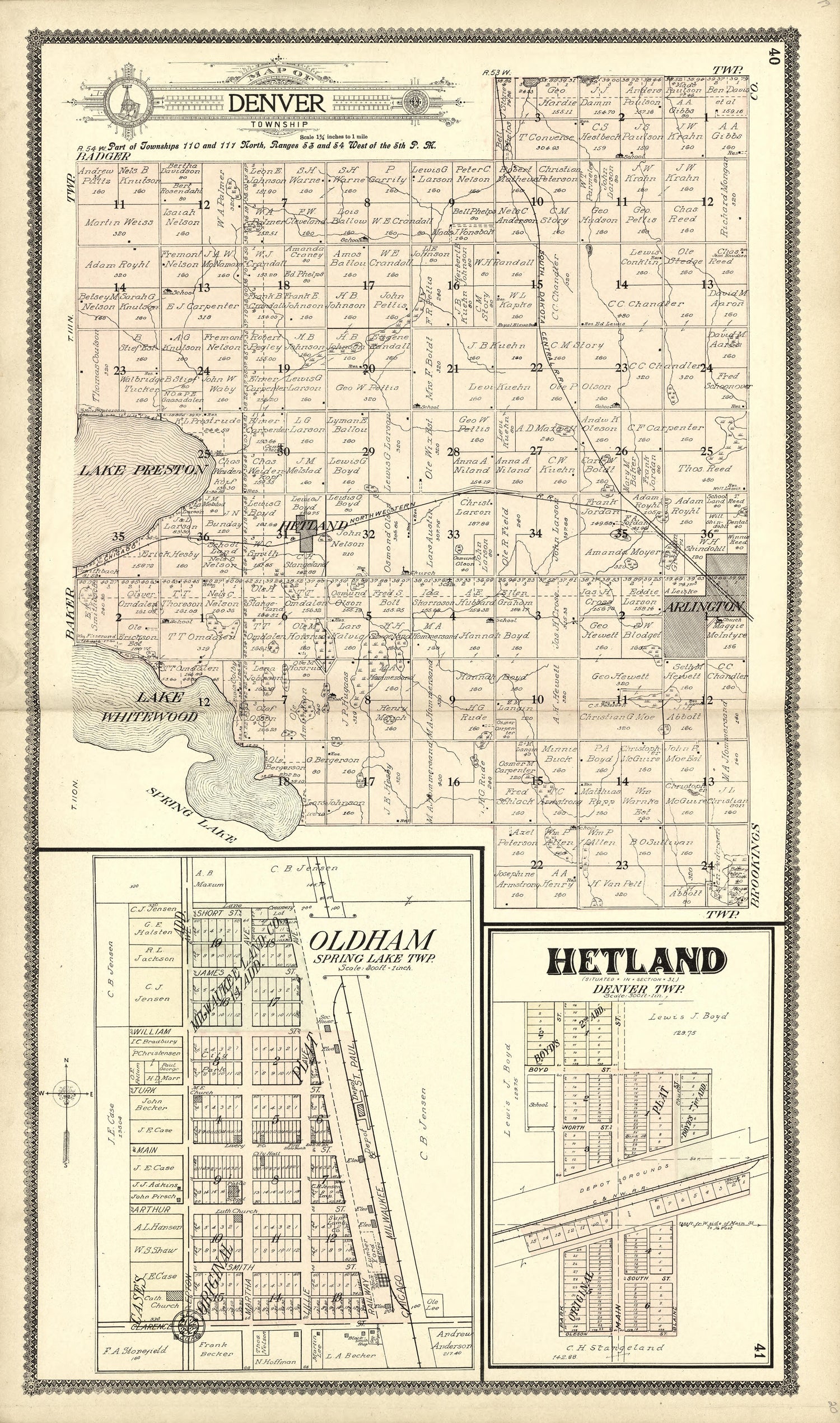 Map of Denver; Oldham; Hetland from Standard Atlas of Kingsbury County, South Dakota : Including a Plat Book of the Villages, Cities and Townships of the County, Map of the State, United States and World : Patrons Directory, … 1909 by Relic Map Company