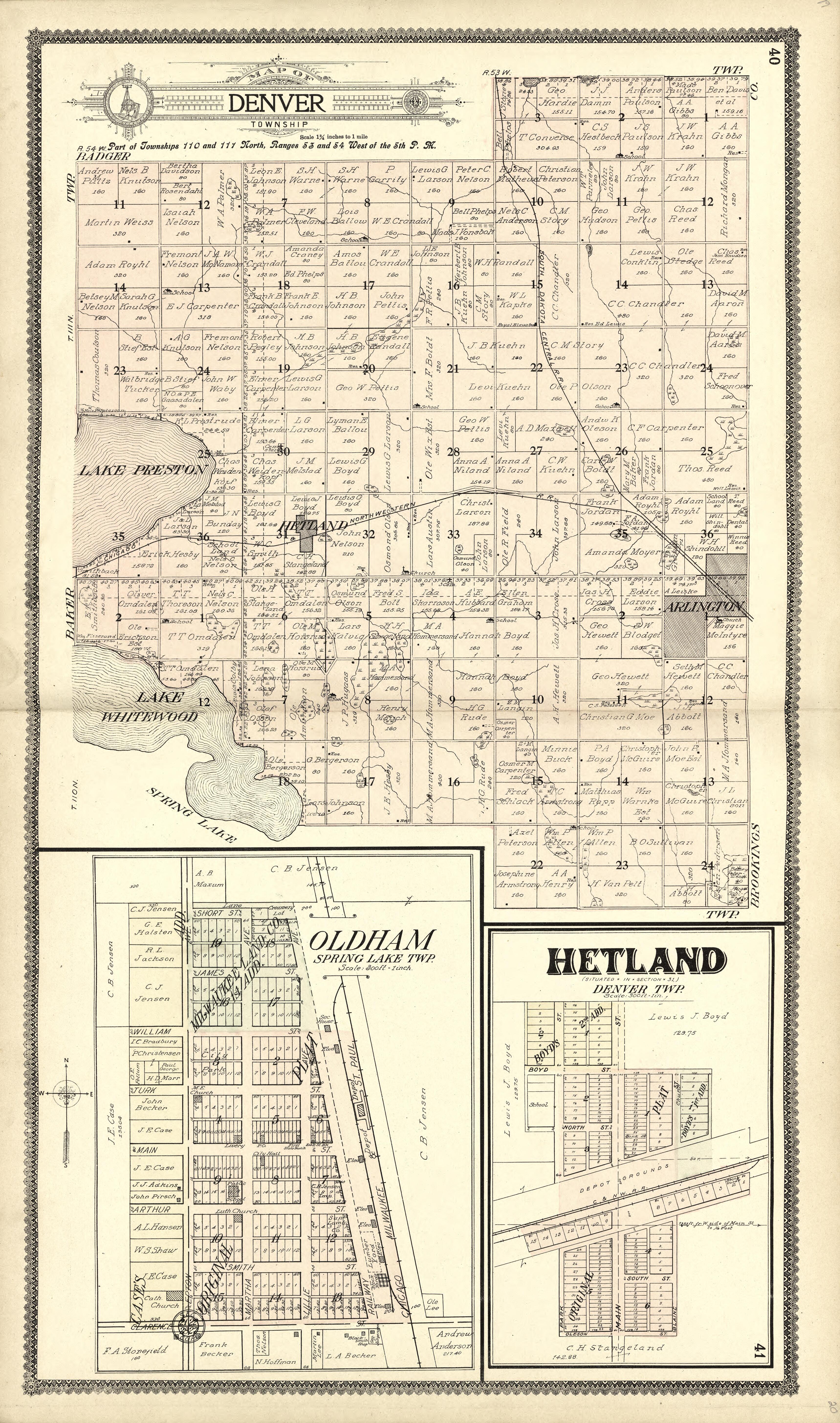 Map of Denver; Oldham; Hetland from Standard Atlas of Kingsbury County, South Dakota : Including a Plat Book of the Villages, Cities and Townships of the County, Map of the State, United States and World : Patrons Directory, … 1909 by Relic Map Company