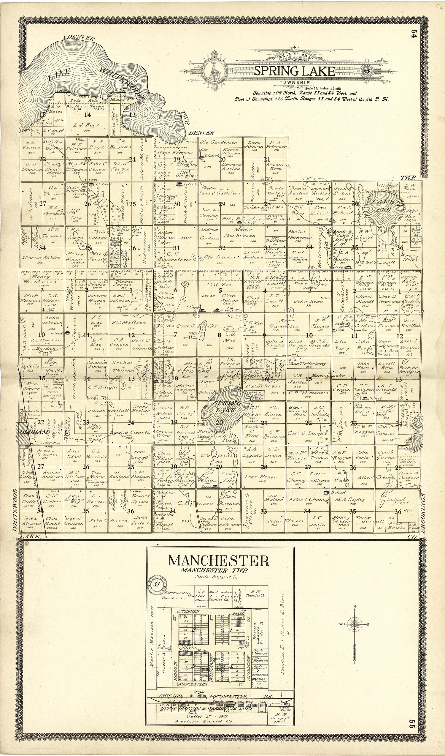 Map of Spring Lake; Manchester from Standard Atlas of Kingsbury County, South Dakota : Including a Plat Book of the Villages, Cities and Townships of the County, Map of the State, United States and World : Patrons Directory, … 1909 by Relic Map Company