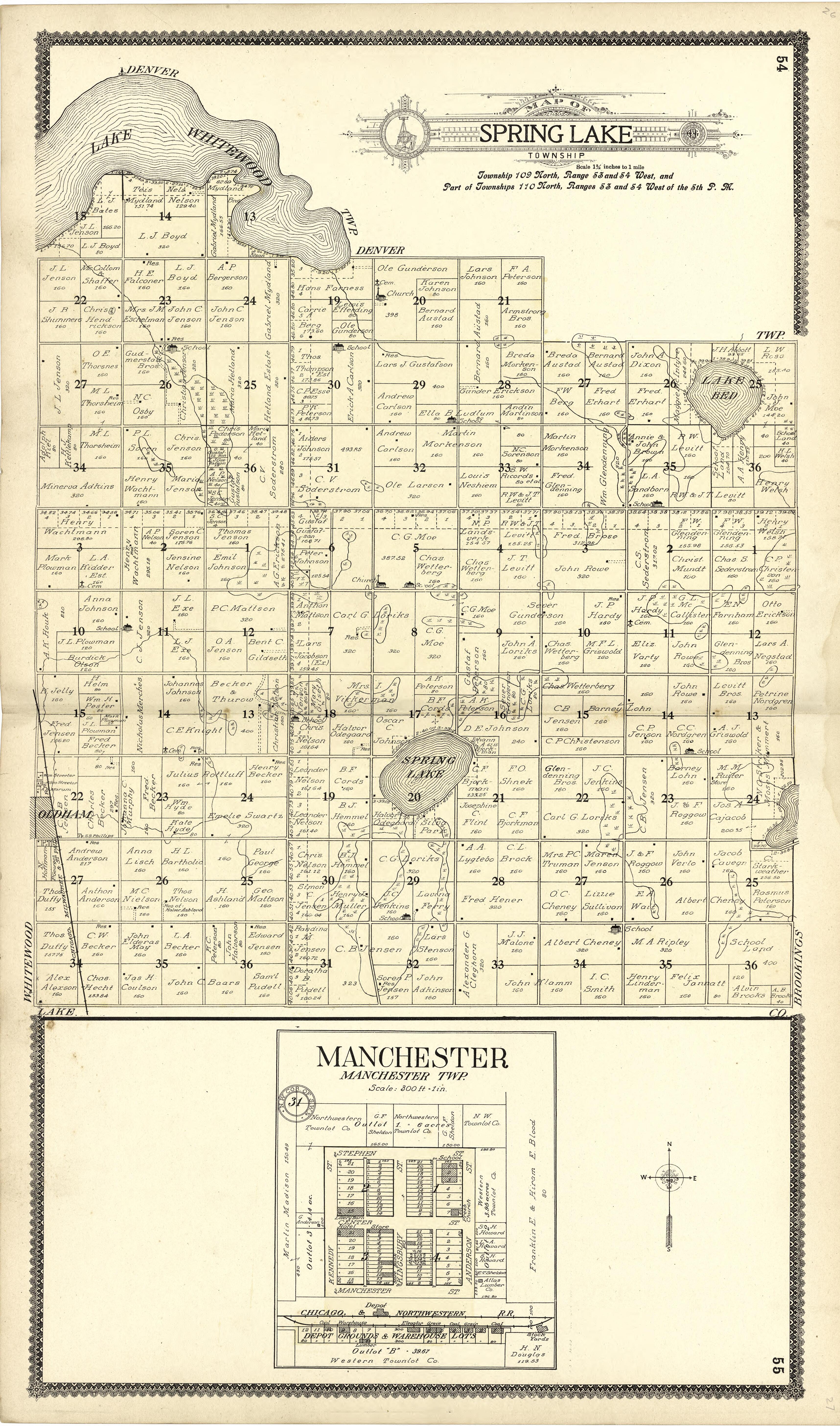 Map of Spring Lake; Manchester from Standard Atlas of Kingsbury County, South Dakota : Including a Plat Book of the Villages, Cities and Townships of the County, Map of the State, United States and World : Patrons Directory, … 1909 by Relic Map Company