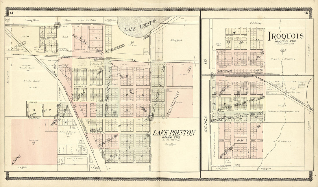 Lake Preston; Iroquois from Standard Atlas of Kingsbury County, South Dakota : Including a Plat Book of the Villages, Cities and Townships of the County, Map of the State, United States and World : Patrons Directory, … 1909 by Relic Map Company