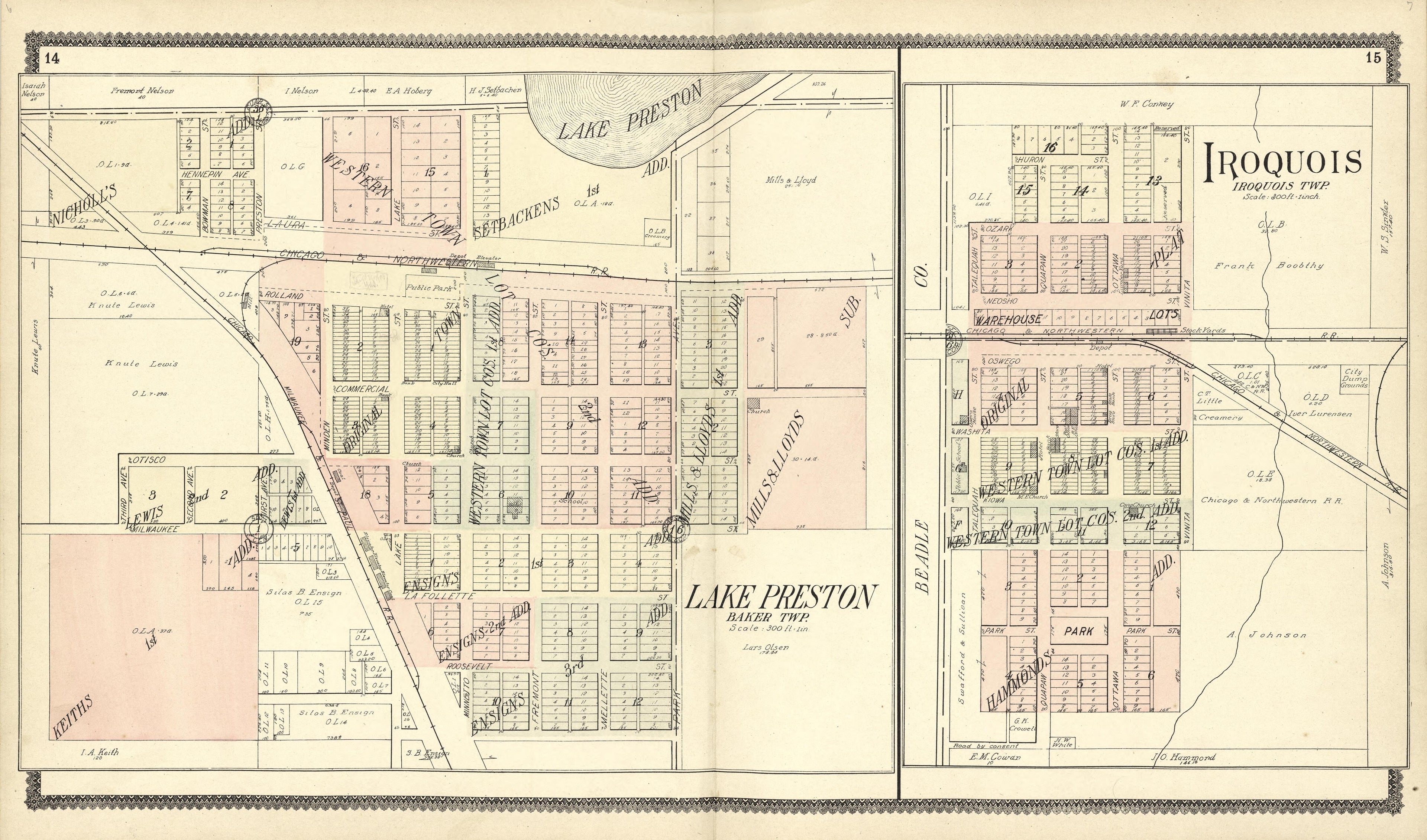 Lake Preston; Iroquois from Standard Atlas of Kingsbury County, South Dakota : Including a Plat Book of the Villages, Cities and Townships of the County, Map of the State, United States and World : Patrons Directory, … 1909 by Relic Map Company