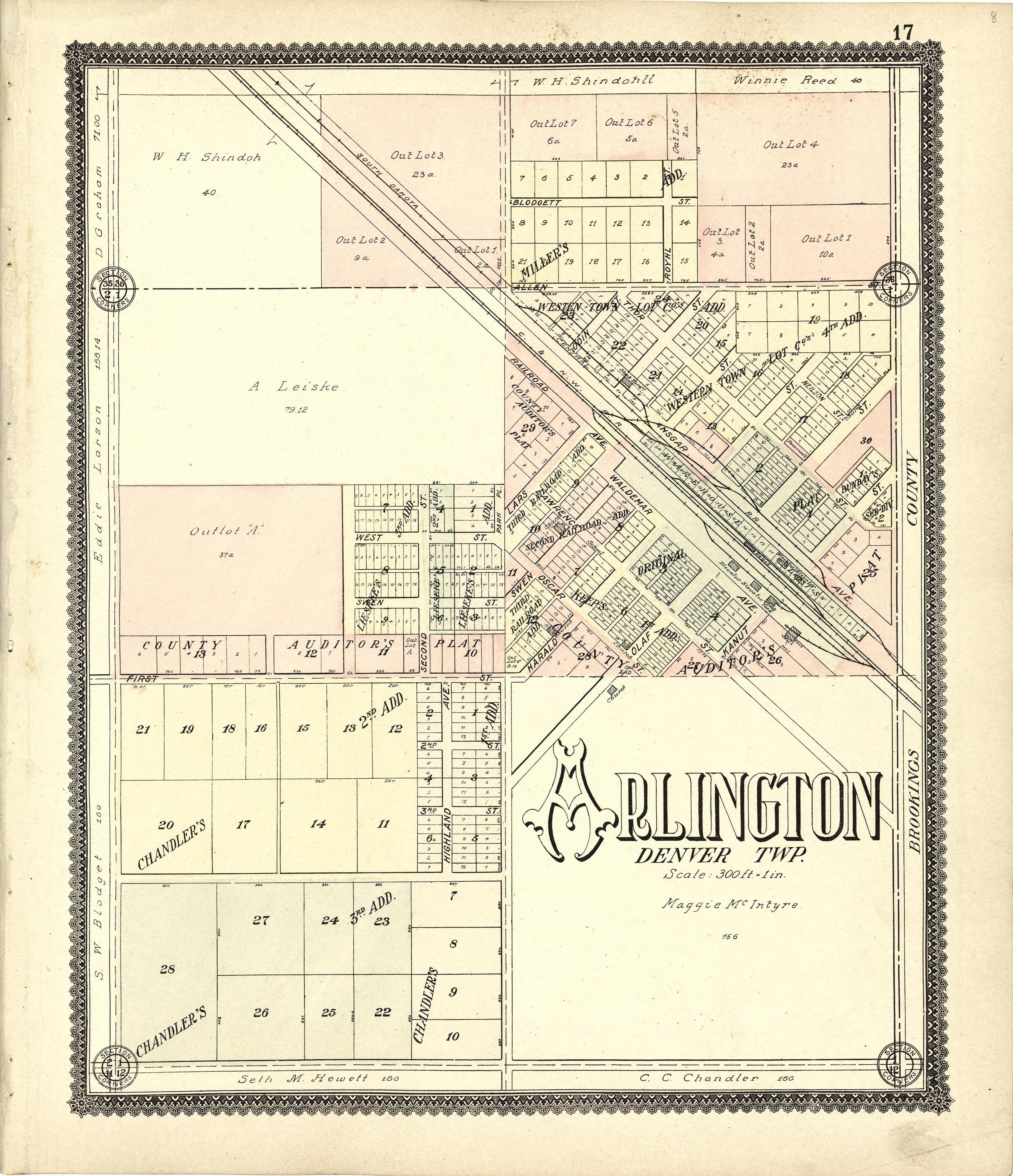 Map of Arlington from Standard Atlas of Kingsbury County, South Dakota : Including a Plat Book of the Villages, Cities and Townships of the County, Map of the State, United States and World : Patrons Directory, … 1909 by Relic Map Company