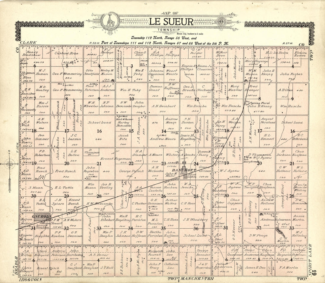 Map of Le Sueur from Standard Atlas of Kingsbury County, South Dakota : Including a Plat Book of the Villages, Cities and Townships of the County, Map of the State, United States and World : Patrons Directory, … 1909 by Relic Map Company