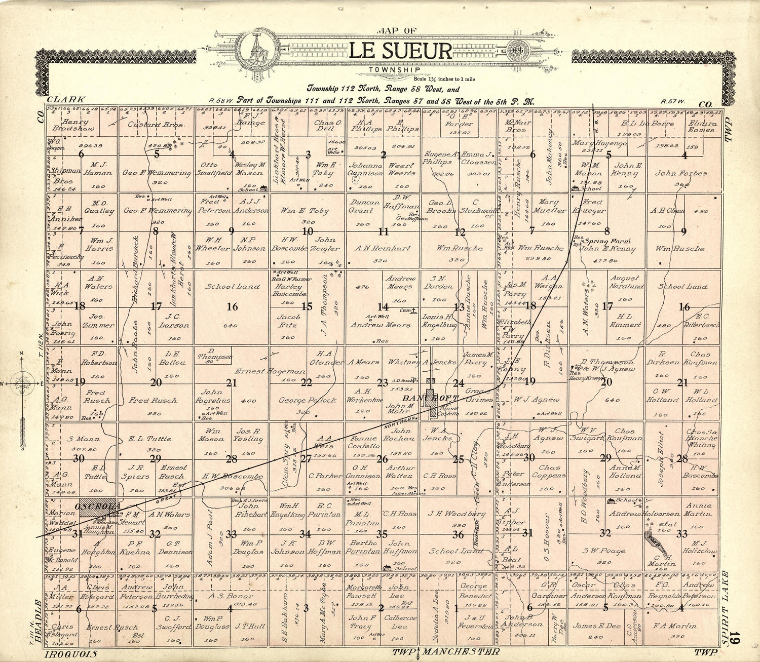 Map of Le Sueur from Standard Atlas of Kingsbury County, South Dakota : Including a Plat Book of the Villages, Cities and Townships of the County, Map of the State, United States and World : Patrons Directory, … 1909 by Relic Map Company