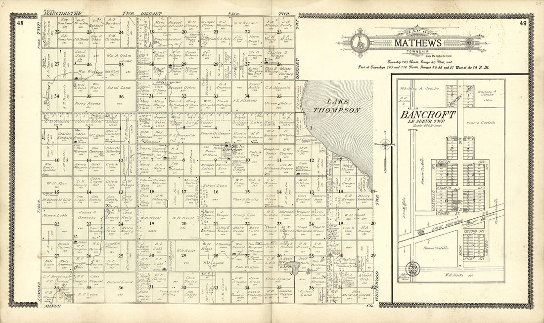 Map of Mathews; Bancroft from Standard Atlas of Kingsbury County, South Dakota : Including a Plat Book of the Villages, Cities and Townships of the County, Map of the State, United States and World : Patrons Directory, … 1909 by Relic Map Company