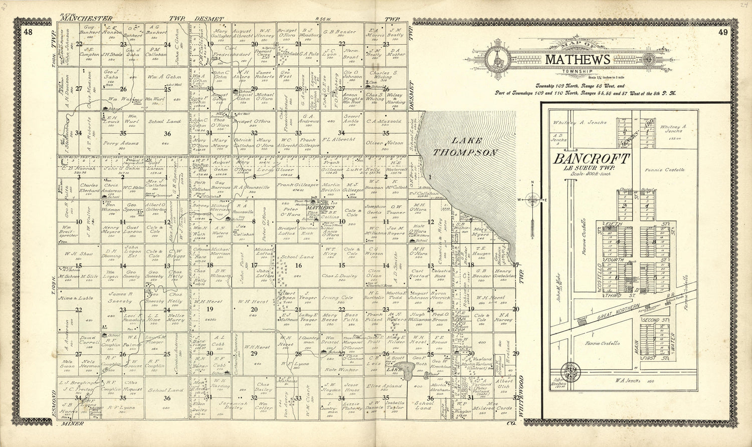 Map of Mathews; Bancroft from Standard Atlas of Kingsbury County, South Dakota : Including a Plat Book of the Villages, Cities and Townships of the County, Map of the State, United States and World : Patrons Directory, … 1909 by Relic Map Company