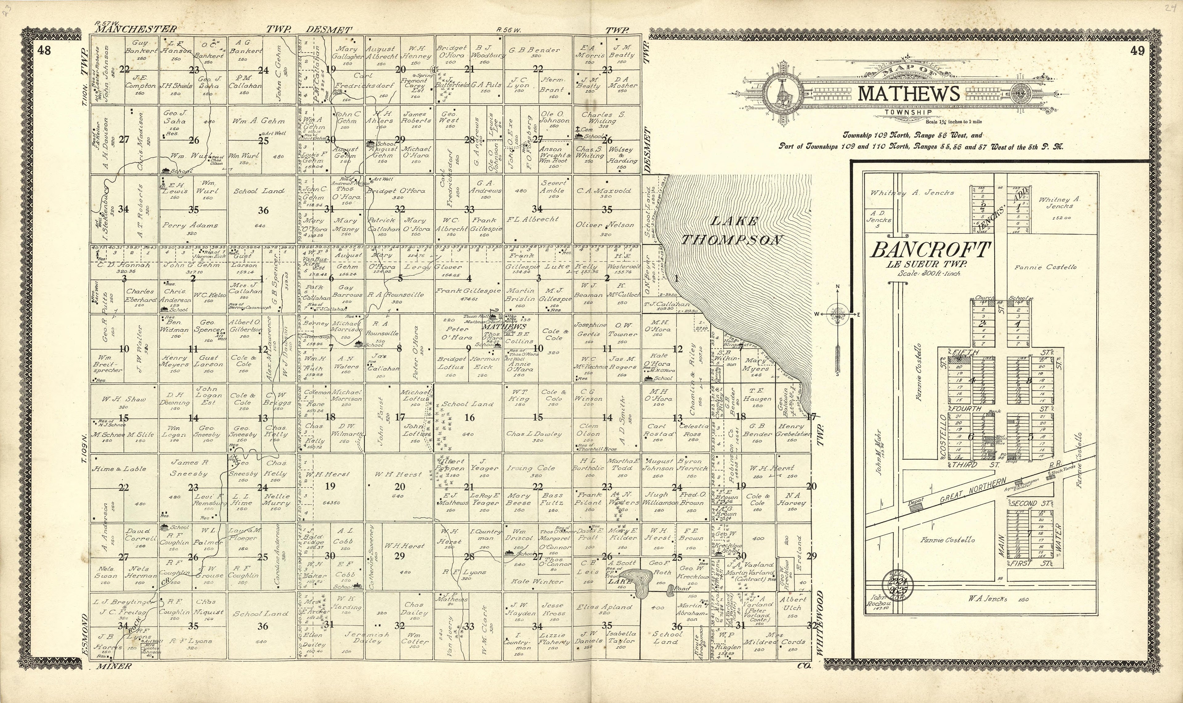Map of Mathews; Bancroft from Standard Atlas of Kingsbury County, South Dakota : Including a Plat Book of the Villages, Cities and Townships of the County, Map of the State, United States and World : Patrons Directory, … 1909 by Relic Map Company