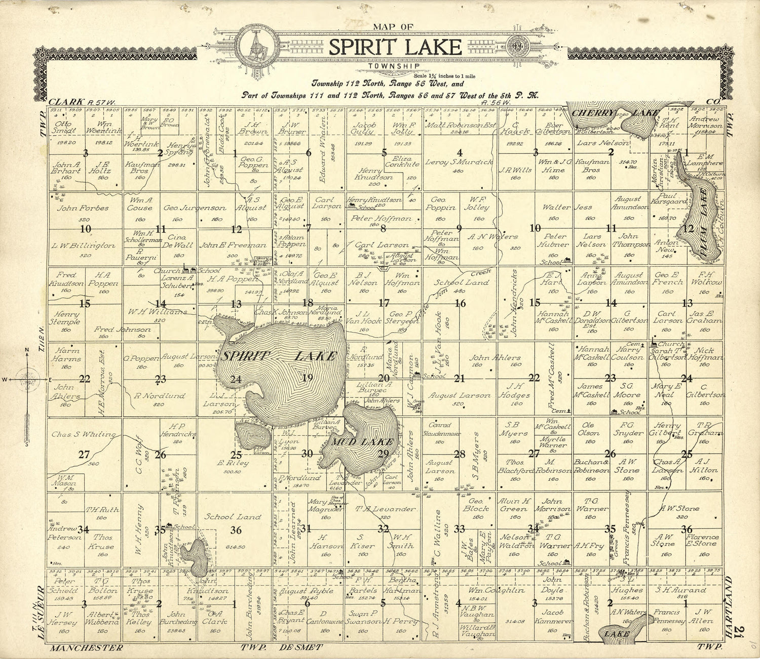 Map of Spirit Lake from Standard Atlas of Kingsbury County, South Dakota : Including a Plat Book of the Villages, Cities and Townships of the County, Map of the State, United States and World : Patrons Directory, … 1909 by Relic Map Company
