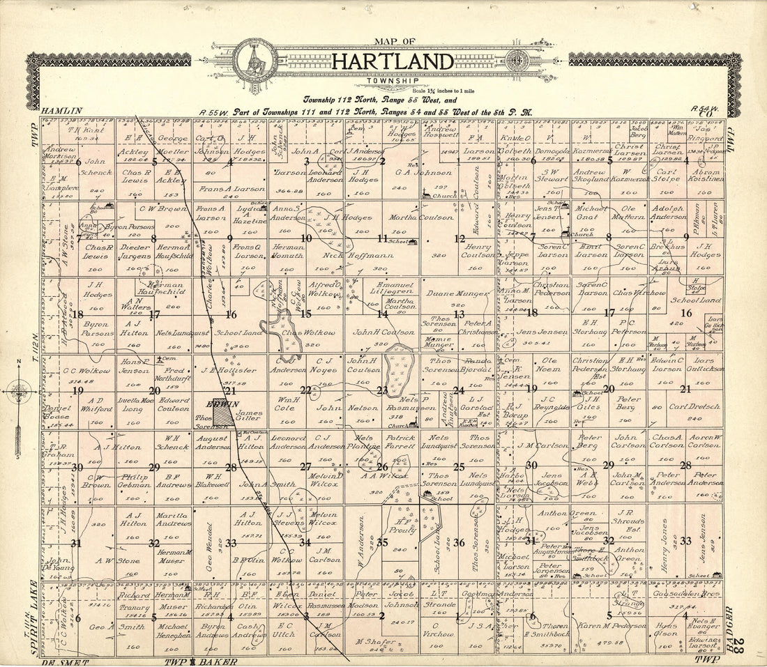 Map of Hartland from Standard Atlas of Kingsbury County, South Dakota : Including a Plat Book of the Villages, Cities and Townships of the County, Map of the State, United States and World : Patrons Directory, … 1909 by Relic Map Company