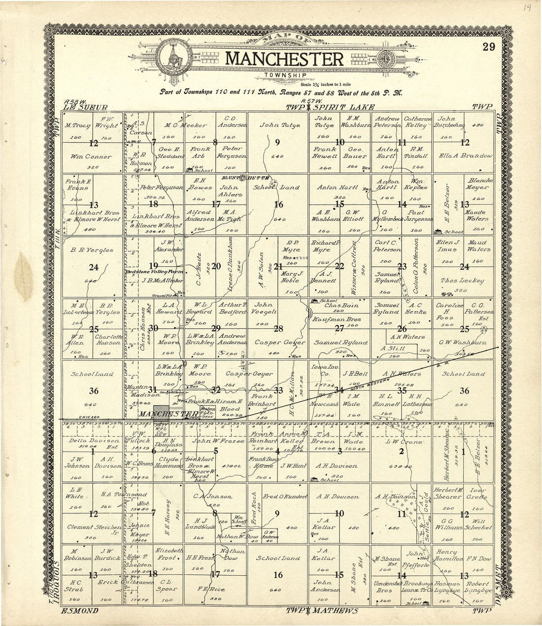 Map of Manchester from Standard Atlas of Kingsbury County, South Dakota : Including a Plat Book of the Villages, Cities and Townships of the County, Map of the State, United States and World : Patrons Directory, … 1909 by Relic Map Company