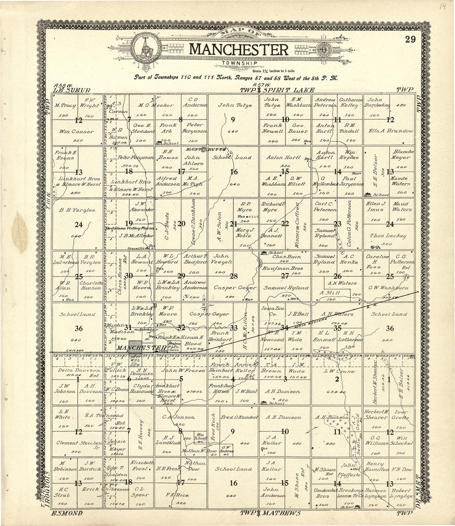 Map of Manchester from Standard Atlas of Kingsbury County, South Dakota : Including a Plat Book of the Villages, Cities and Townships of the County, Map of the State, United States and World : Patrons Directory, … 1909 by Relic Map Company