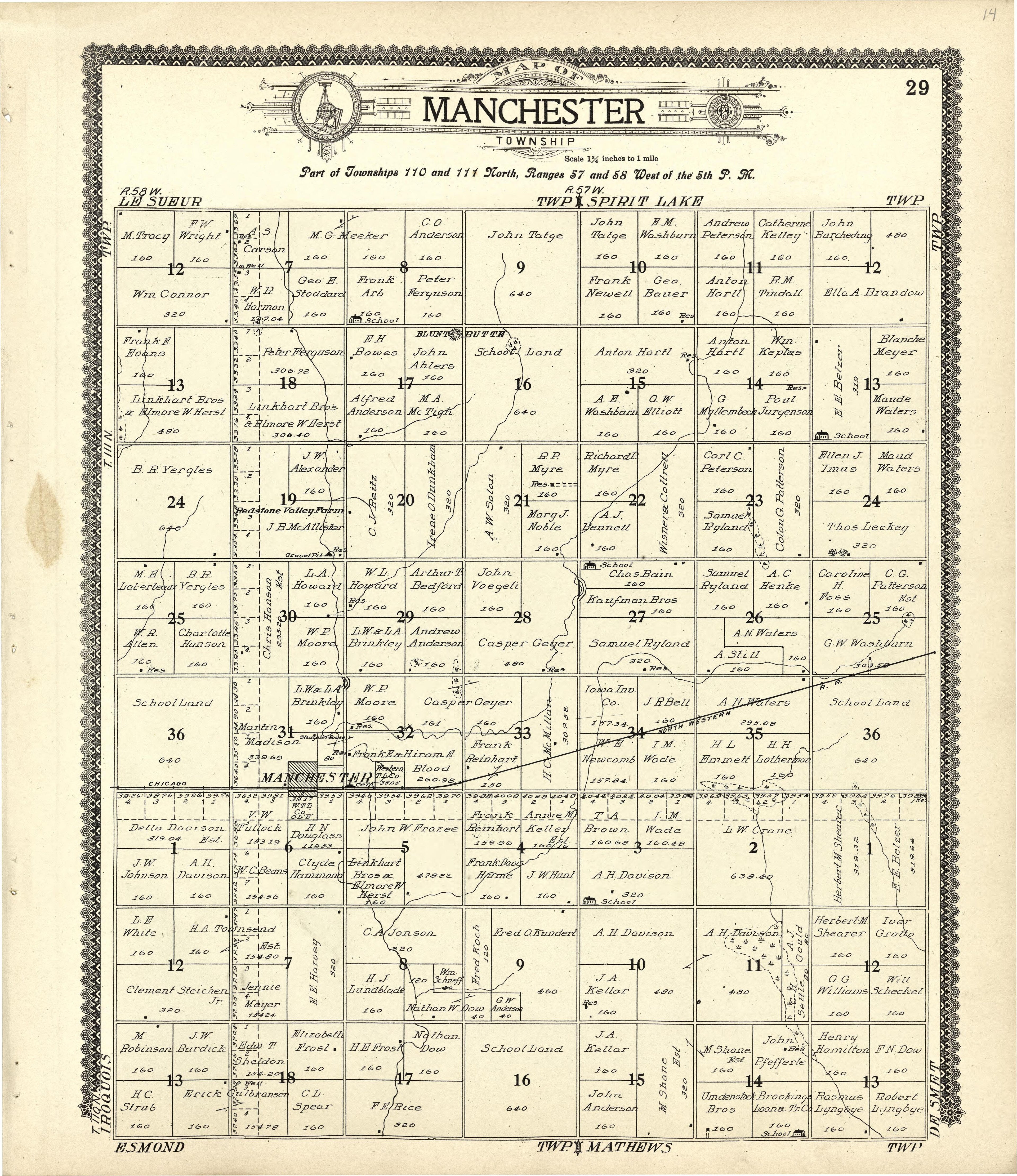 Map of Manchester from Standard Atlas of Kingsbury County, South Dakota : Including a Plat Book of the Villages, Cities and Townships of the County, Map of the State, United States and World : Patrons Directory, … 1909 by Relic Map Company