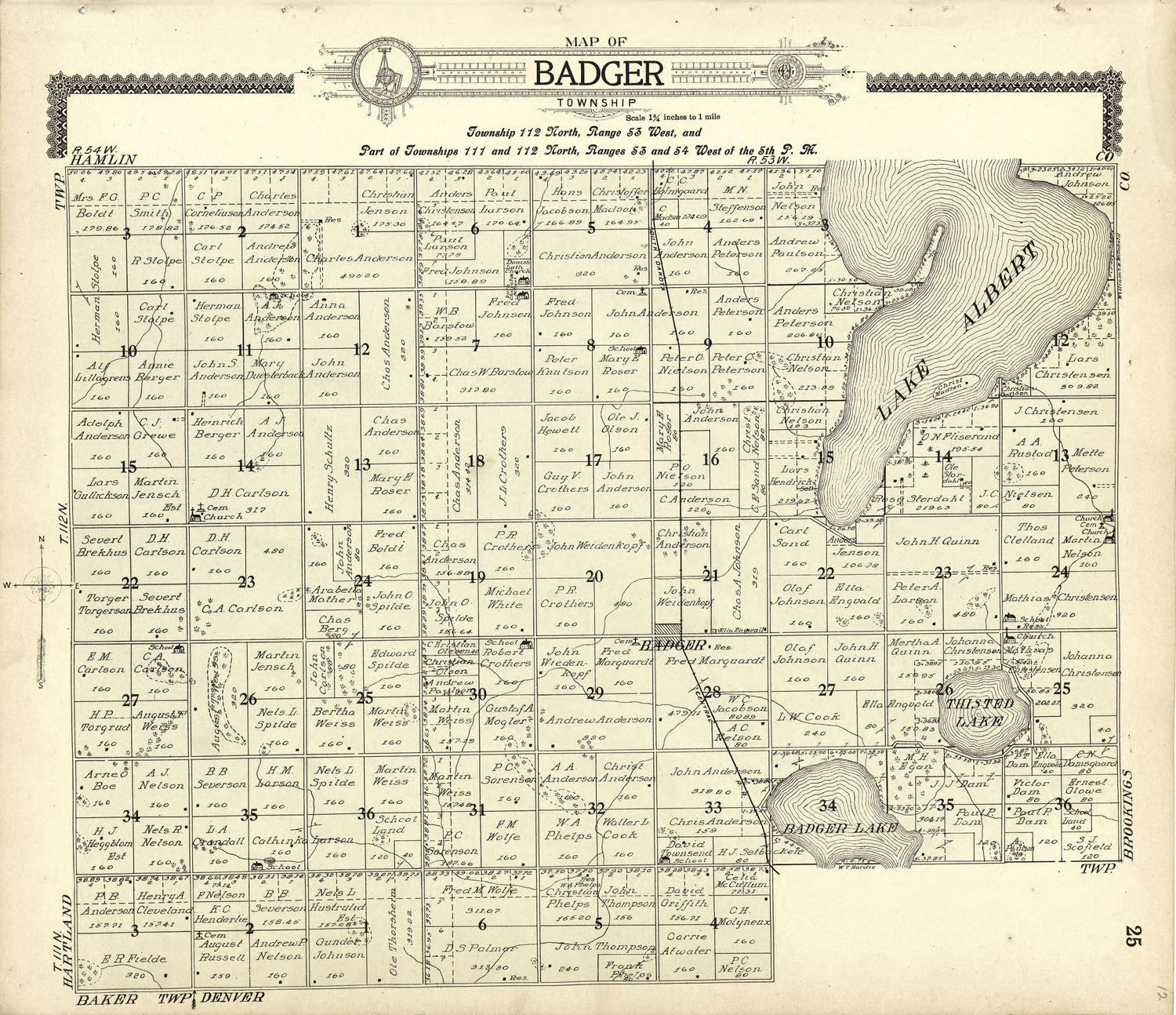 Map of Badger from Standard Atlas of Kingsbury County, South Dakota : Including a Plat Book of the Villages, Cities and Townships of the County, Map of the State, United States and World : Patrons Directory, … 1909 by Relic Map Company