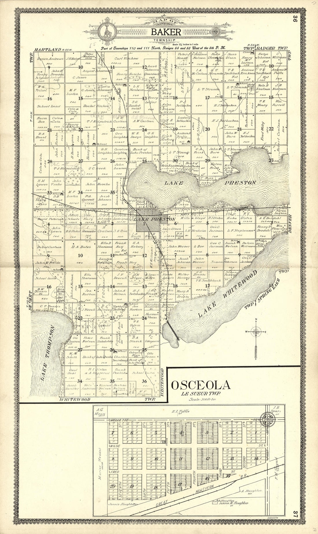 Map of Baker; Osceola from Standard Atlas of Kingsbury County, South Dakota : Including a Plat Book of the Villages, Cities and Townships of the County, Map of the State, United States and World : Patrons Directory, … 1909 by Relic Map Company