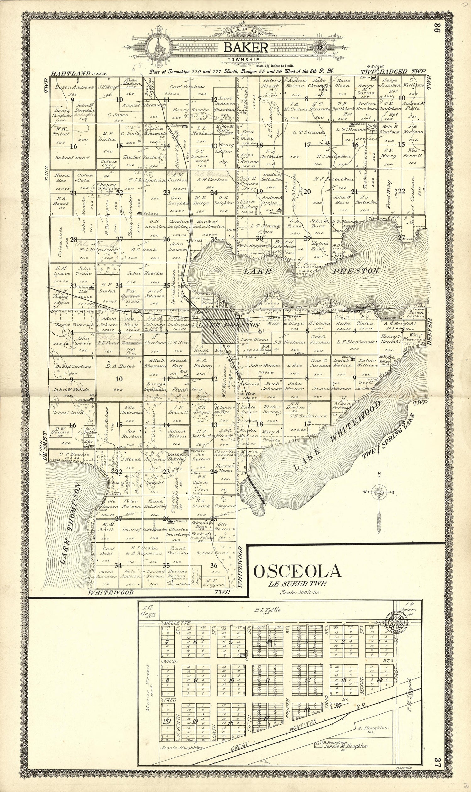 Map of Baker; Osceola from Standard Atlas of Kingsbury County, South Dakota : Including a Plat Book of the Villages, Cities and Townships of the County, Map of the State, United States and World : Patrons Directory, … 1909 by Relic Map Company
