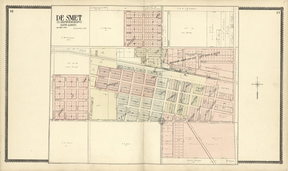 De Smet, Seat of Kingsbury County from Standard Atlas of Kingsbury County, South Dakota : Including a Plat Book of the Villages, Cities and Townships of the County, Map of the State, United States and World : Patrons Directory, … 1909 by Relic Map Company