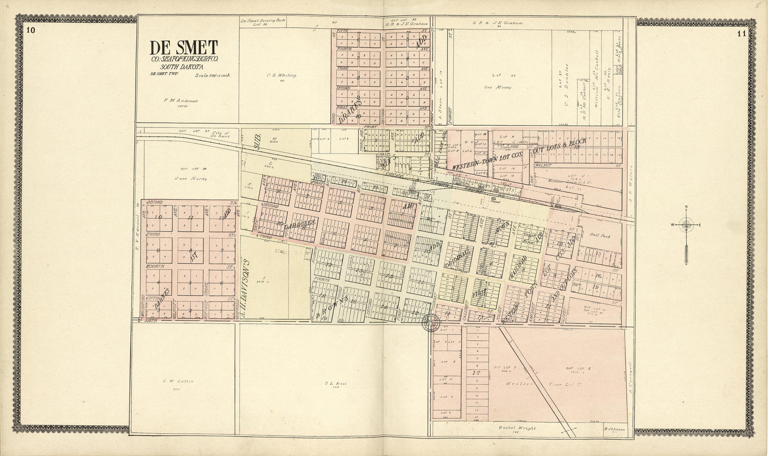 De Smet, Seat of Kingsbury County from Standard Atlas of Kingsbury County, South Dakota : Including a Plat Book of the Villages, Cities and Townships of the County, Map of the State, United States and World : Patrons Directory, … 1909 by Relic Map Company