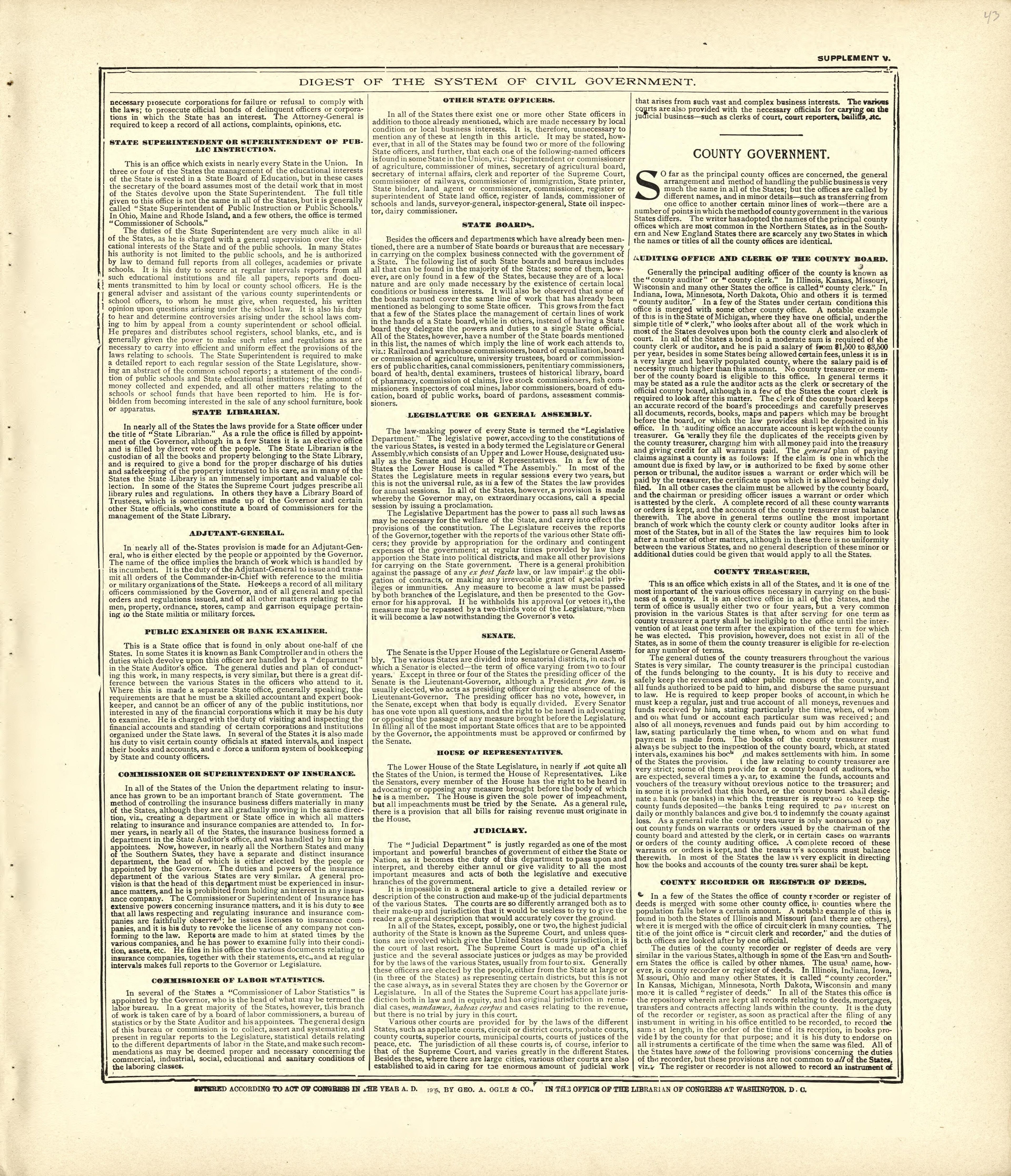 Digest of the System of Civil Government - Continued from Standard Atlas of Kingsbury County, South Dakota : Including a Plat Book of the Villages, Cities and Townships of the County, Map of the State, United States and World : Patrons Directory, … 1909 by Relic Map Company
