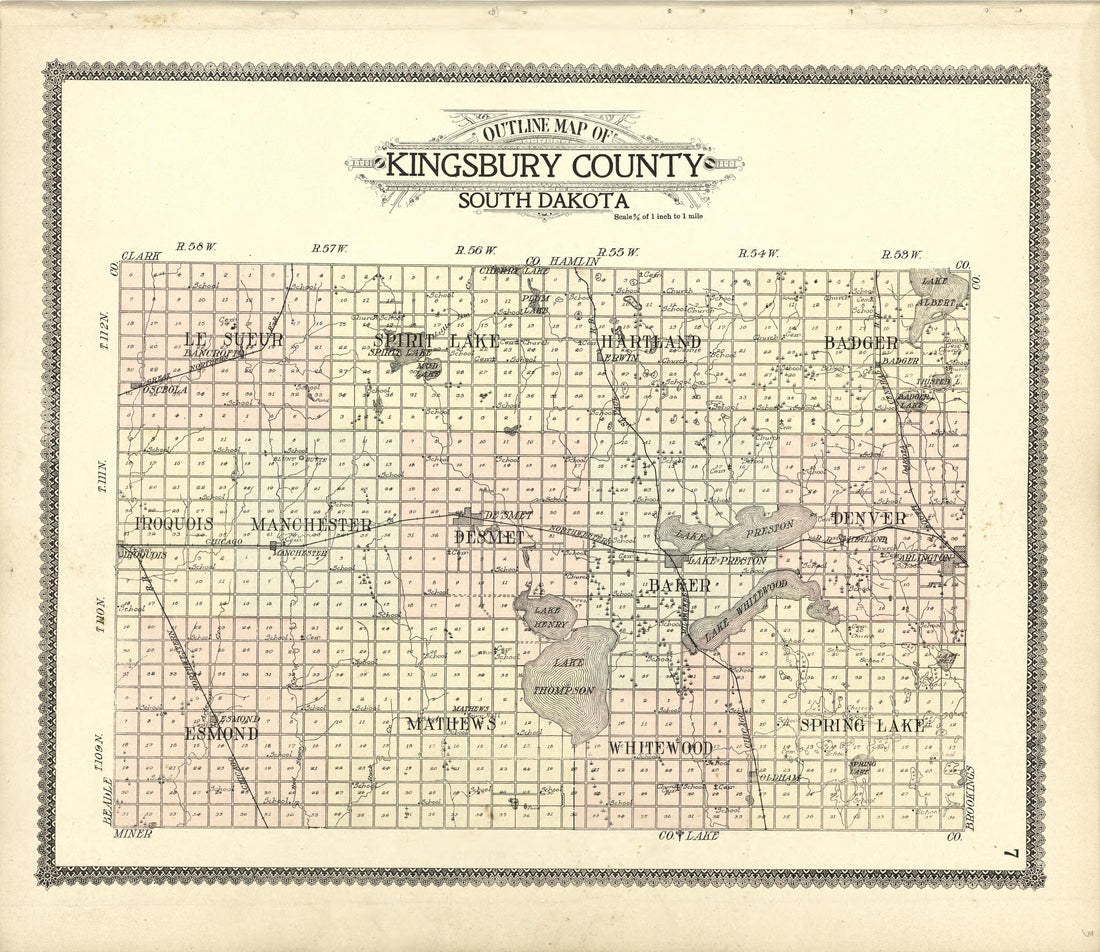 Outline Map of Kingsbury County from Standard Atlas of Kingsbury County, South Dakota : Including a Plat Book of the Villages, Cities and Townships of the County, Map of the State, United States and World : Patrons Directory, … 1909 by Relic Map Company