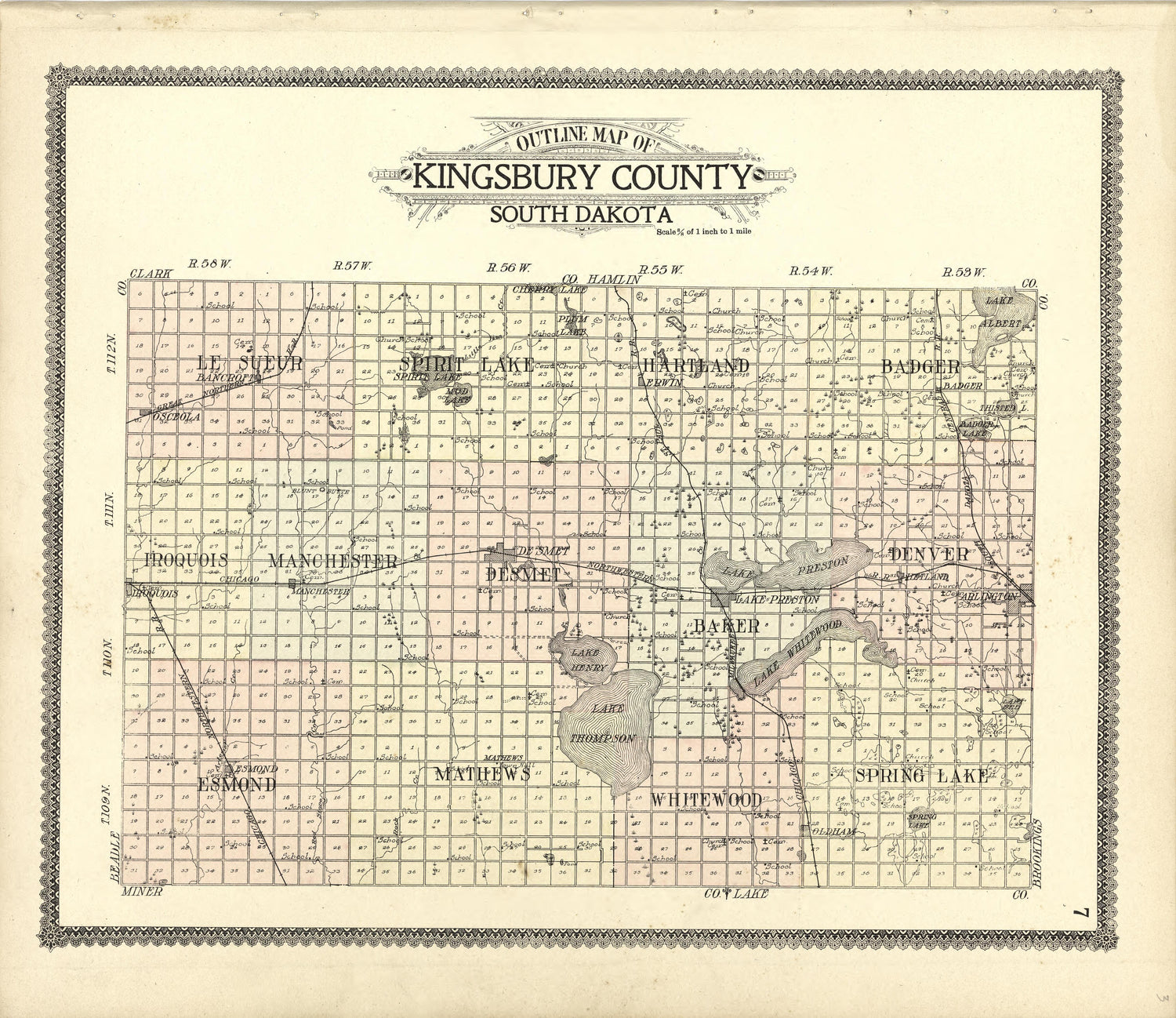Outline Map of Kingsbury County from Standard Atlas of Kingsbury County, South Dakota : Including a Plat Book of the Villages, Cities and Townships of the County, Map of the State, United States and World : Patrons Directory, … 1909 by Relic Map Company