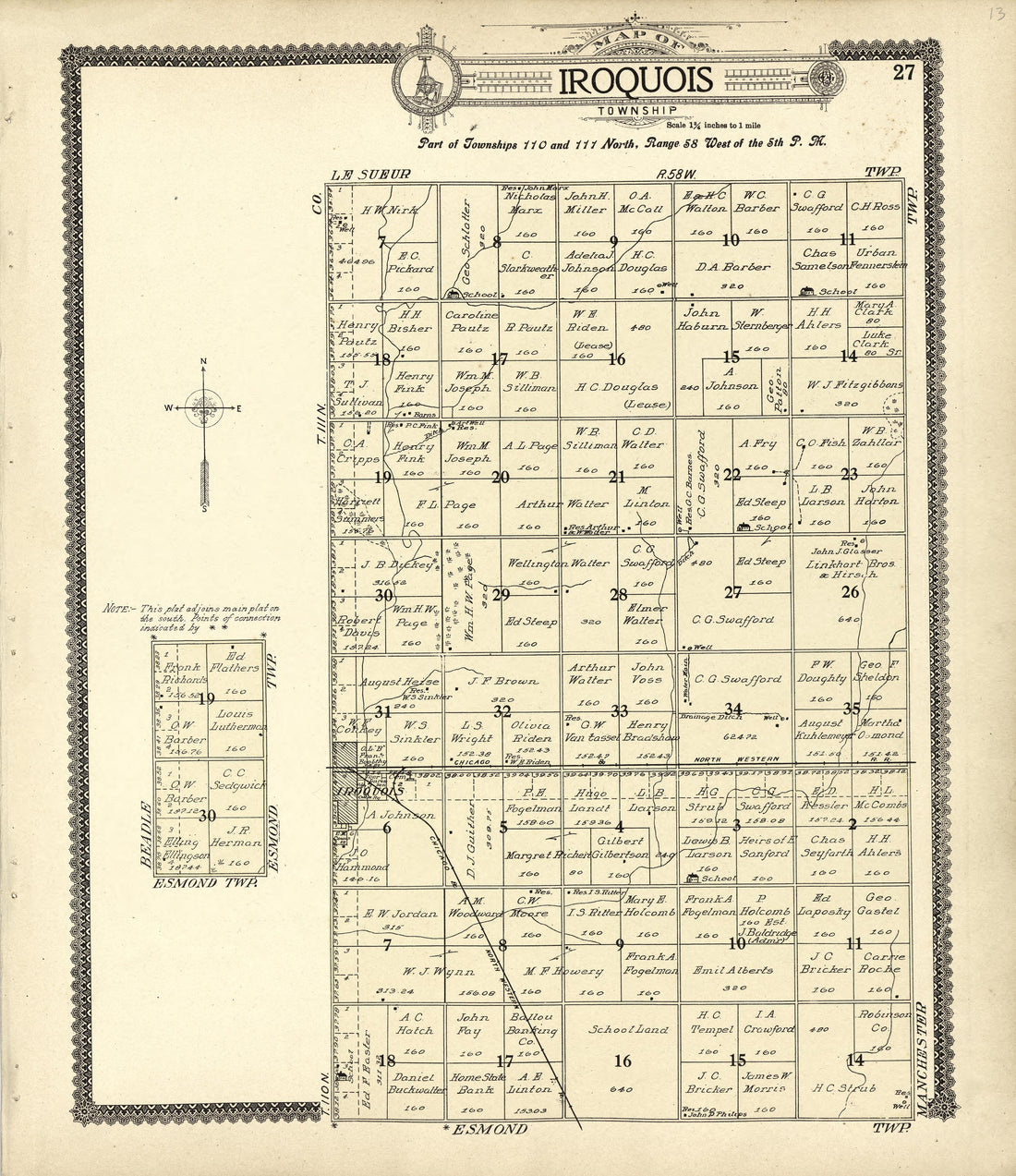 Map of Iroquois from Standard Atlas of Kingsbury County, South Dakota : Including a Plat Book of the Villages, Cities and Townships of the County, Map of the State, United States and World : Patrons Directory, … 1909 by Relic Map Company
