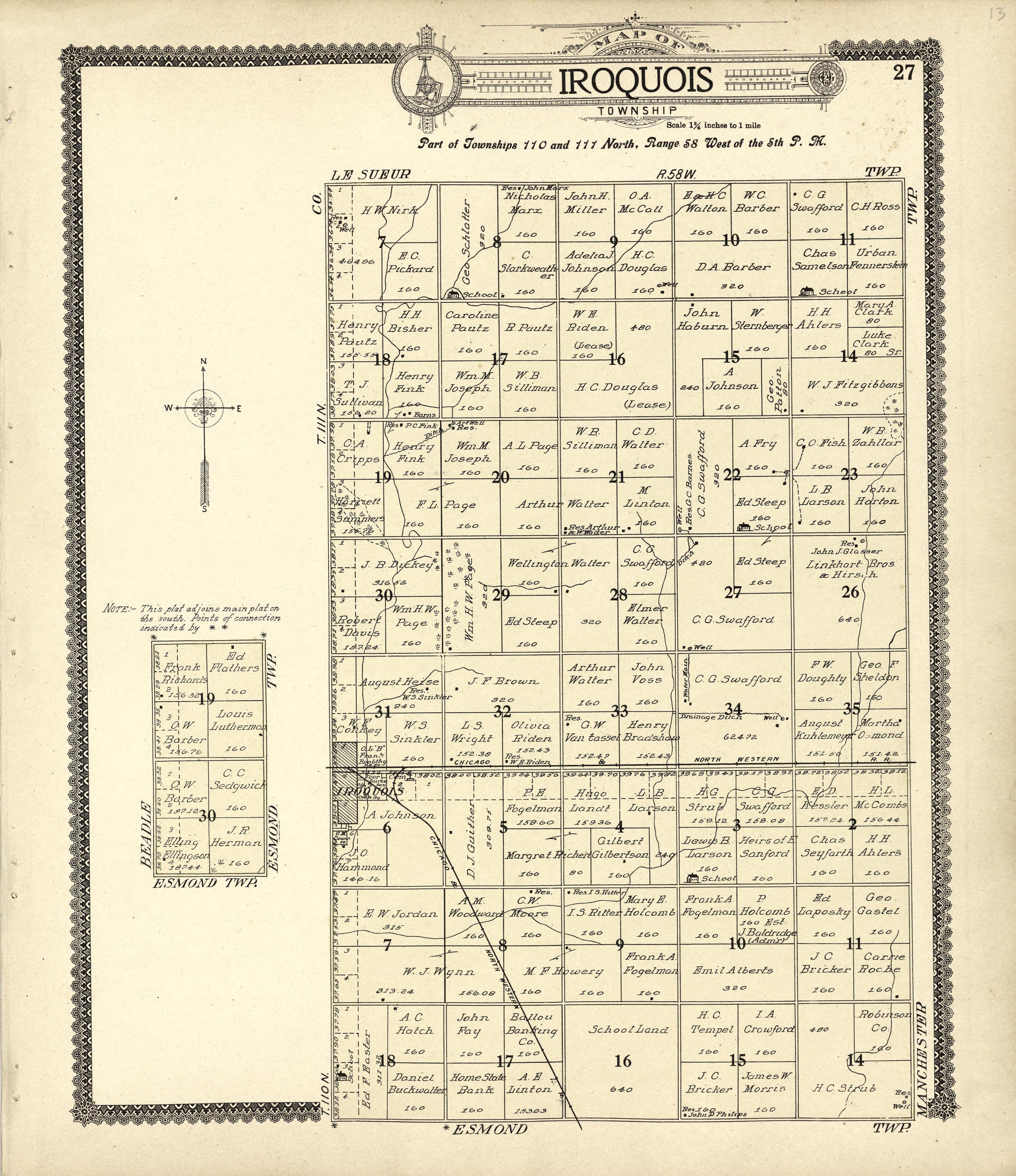 Map of Iroquois from Standard Atlas of Kingsbury County, South Dakota : Including a Plat Book of the Villages, Cities and Townships of the County, Map of the State, United States and World : Patrons Directory, … 1909 by Relic Map Company