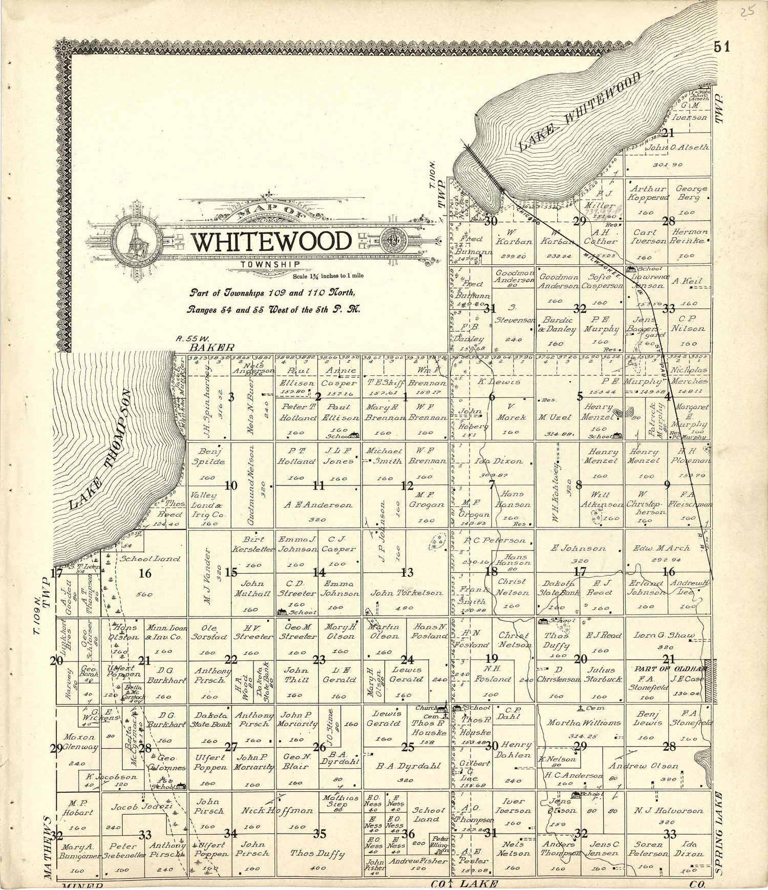 Map of Whitewood from Standard Atlas of Kingsbury County, South Dakota : Including a Plat Book of the Villages, Cities and Townships of the County, Map of the State, United States and World : Patrons Directory, … 1909 by Relic Map Company