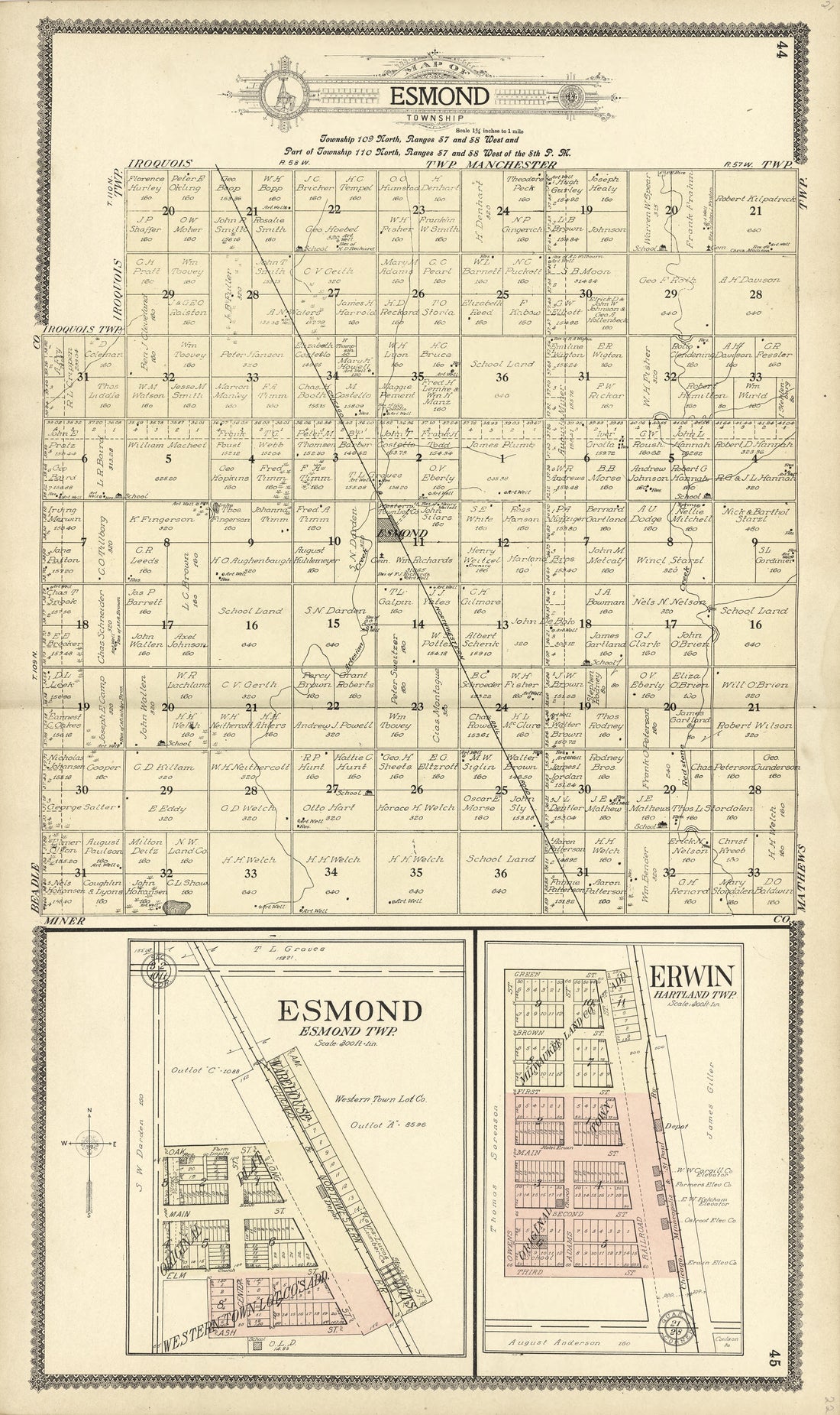 Map of Esmond; Erwin from Standard Atlas of Kingsbury County, South Dakota : Including a Plat Book of the Villages, Cities and Townships of the County, Map of the State, United States and World : Patrons Directory, … 1909 by Relic Map Company