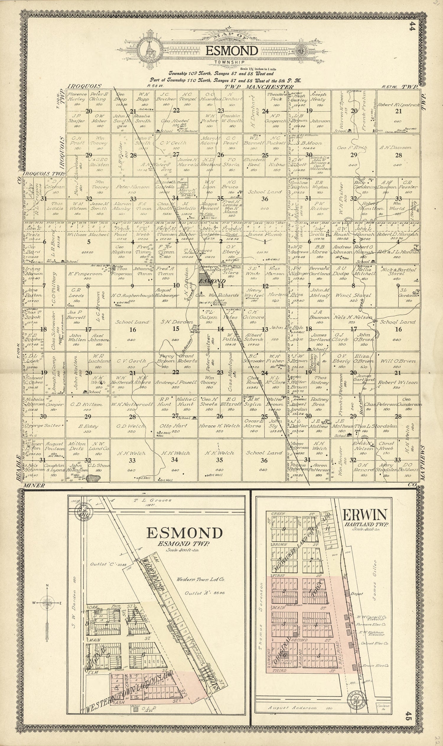 Map of Esmond; Erwin from Standard Atlas of Kingsbury County, South Dakota : Including a Plat Book of the Villages, Cities and Townships of the County, Map of the State, United States and World : Patrons Directory, … 1909 by Relic Map Company