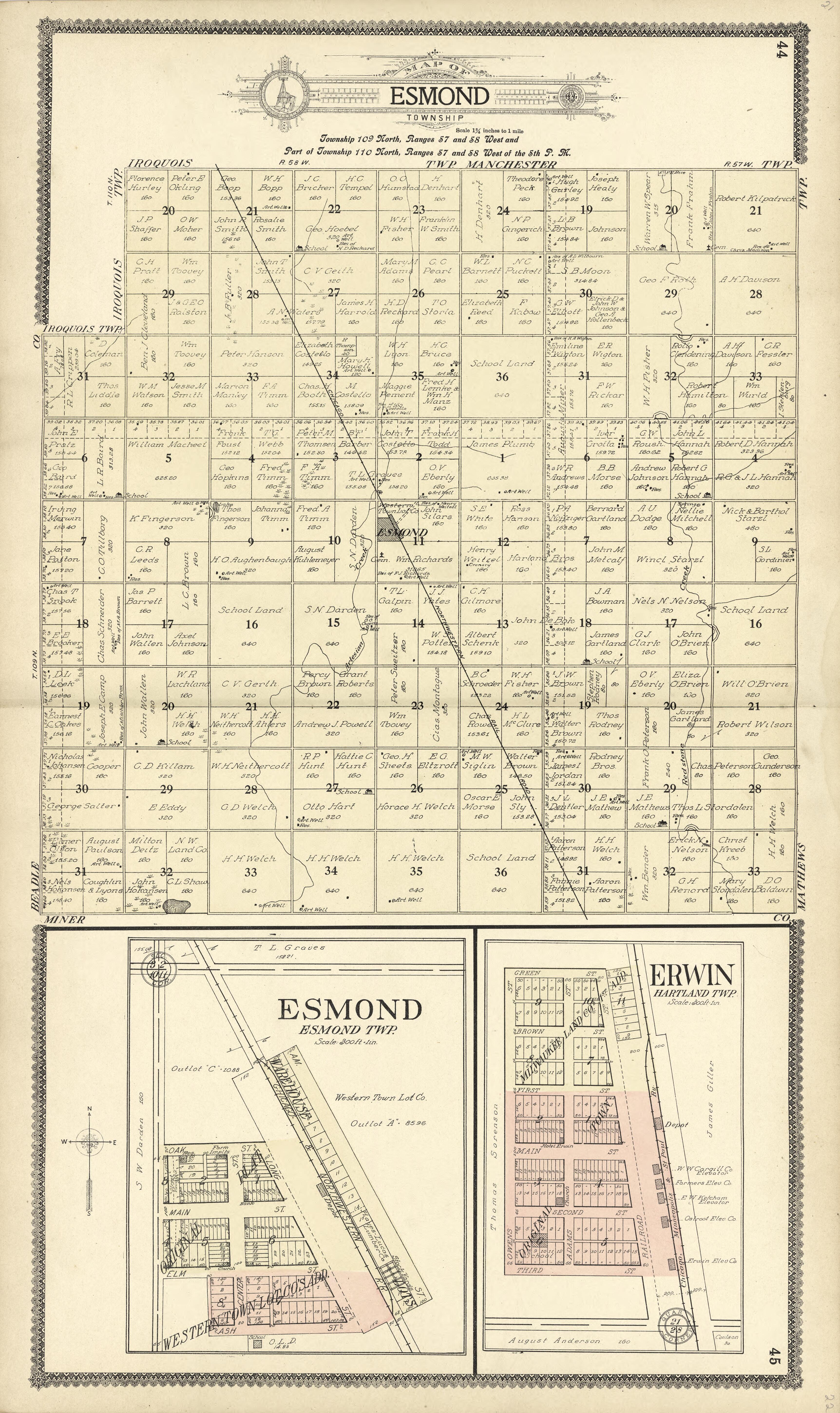 Map of Esmond; Erwin from Standard Atlas of Kingsbury County, South Dakota : Including a Plat Book of the Villages, Cities and Townships of the County, Map of the State, United States and World : Patrons Directory, … 1909 by Relic Map Company