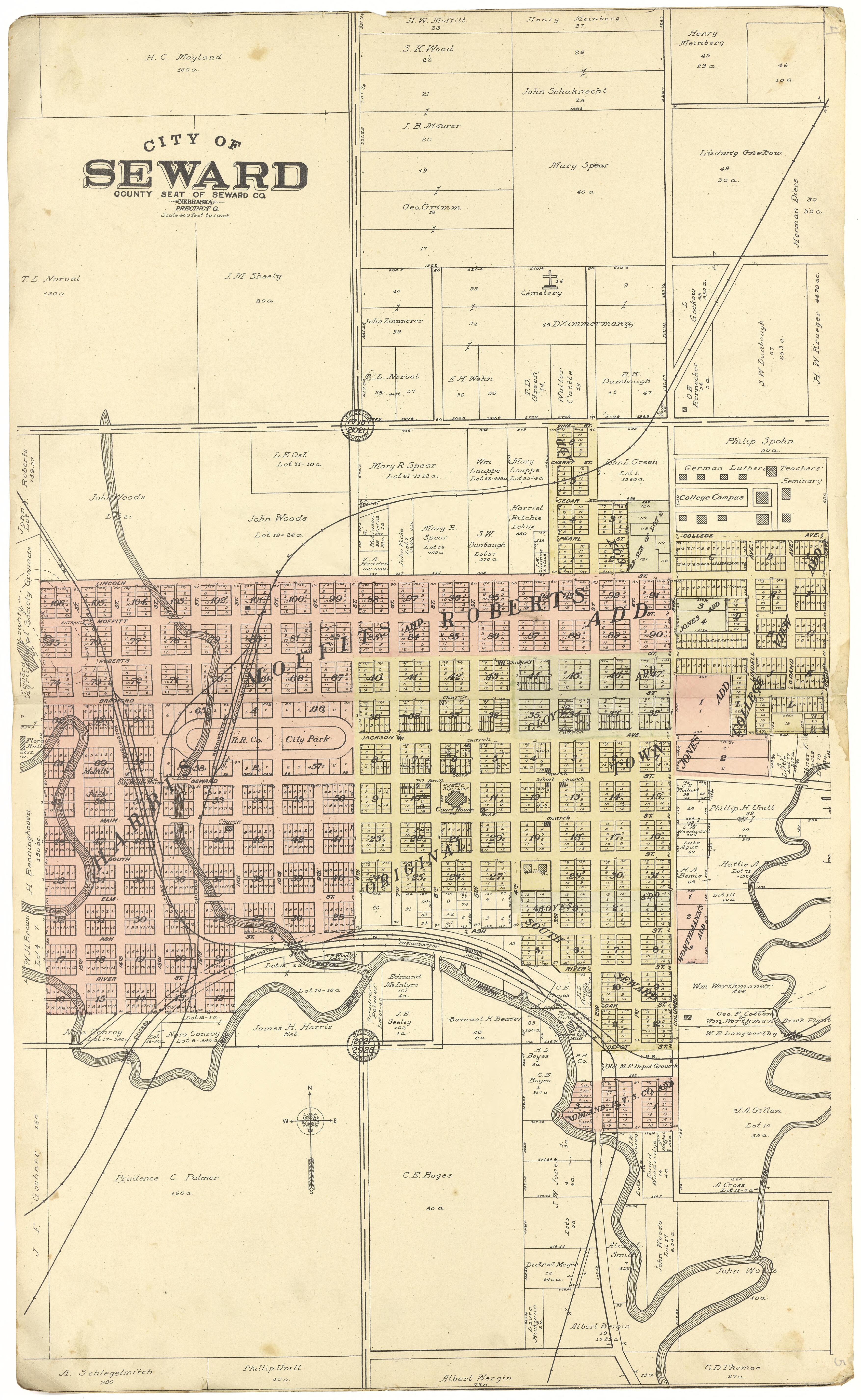 City of Seward from Standard Atlas of Seward County, Nebraska : Including a Plat Book of the Villages, Cities and Townships of the County, Map of the State, United States and World, Patrons Directory, Reference Business … 1908 by Relic Map Company