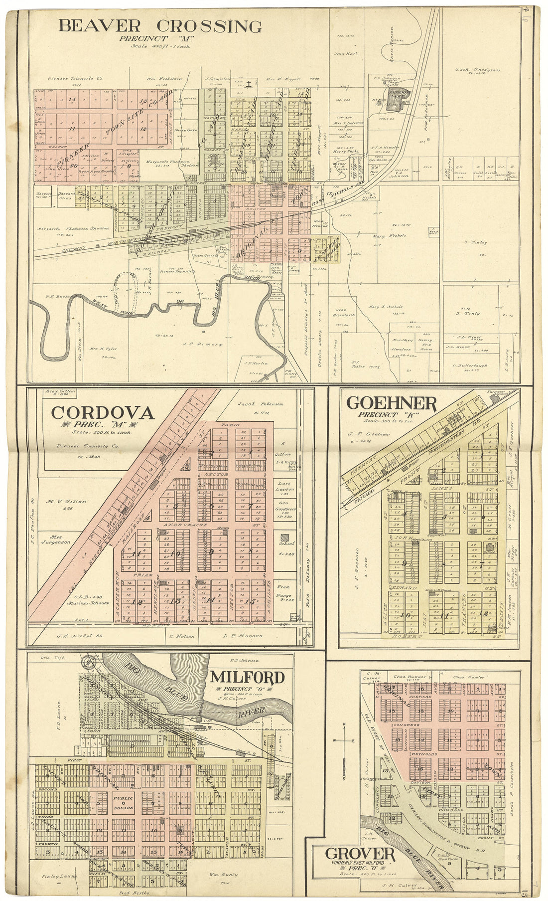 Beaver Crossing; Cordova; Goehner; Milford; Grover from Standard Atlas of Seward County, Nebraska : Including a Plat Book of the Villages, Cities and Townships of the County, Map of the State, United States and World, Patrons Directory, Reference Busi... by Relic Map Company