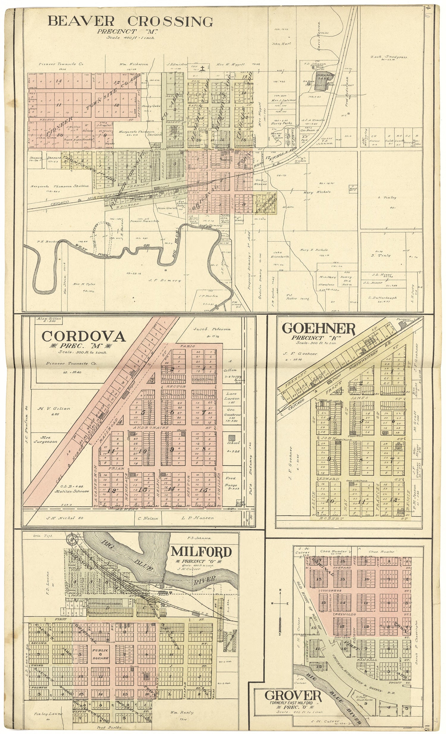 Beaver Crossing; Cordova; Goehner; Milford; Grover from Standard Atlas of Seward County, Nebraska : Including a Plat Book of the Villages, Cities and Townships of the County, Map of the State, United States and World, Patrons Directory, Reference Busi... by Relic Map Company