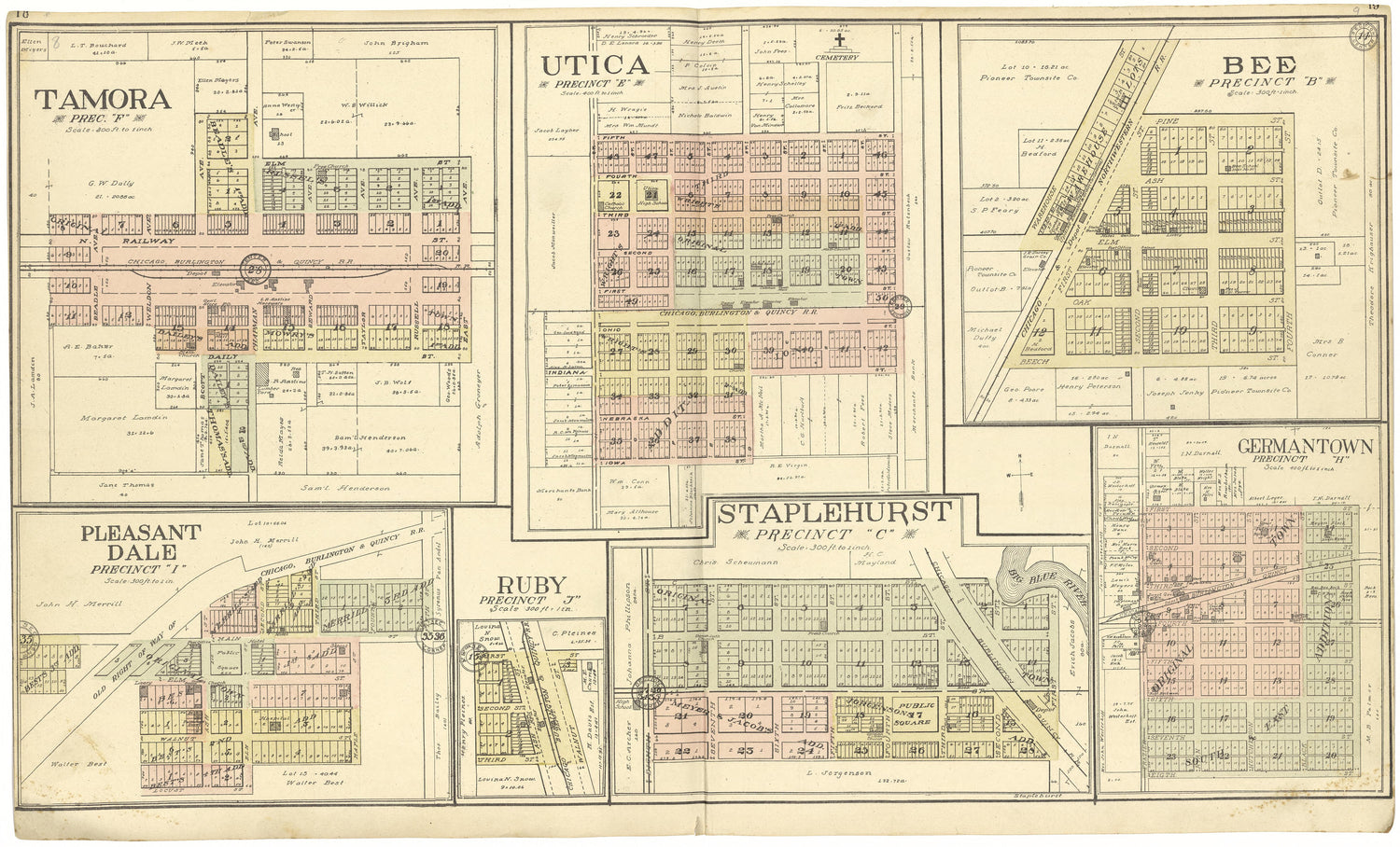 Tamora; Utica; Bee; Pleasant Dale; Ruby; Staplehurst; Germantown from Standard Atlas of Seward County, Nebraska : Including a Plat Book of the Villages, Cities and Townships of the County, Map of the State, United States and World, Patrons Directory, ... by Relic Map Company
